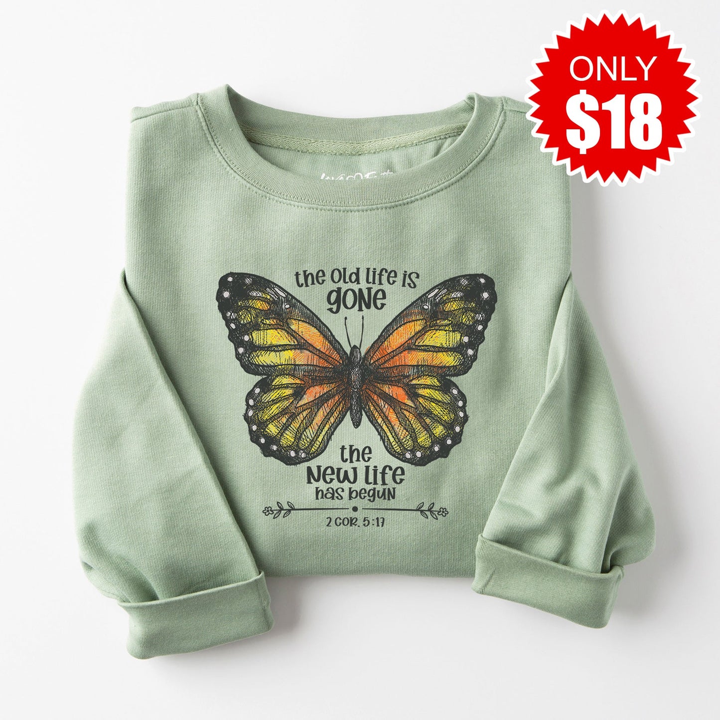 New Life Butterfly Sweatshirt - Heather Sage - 18