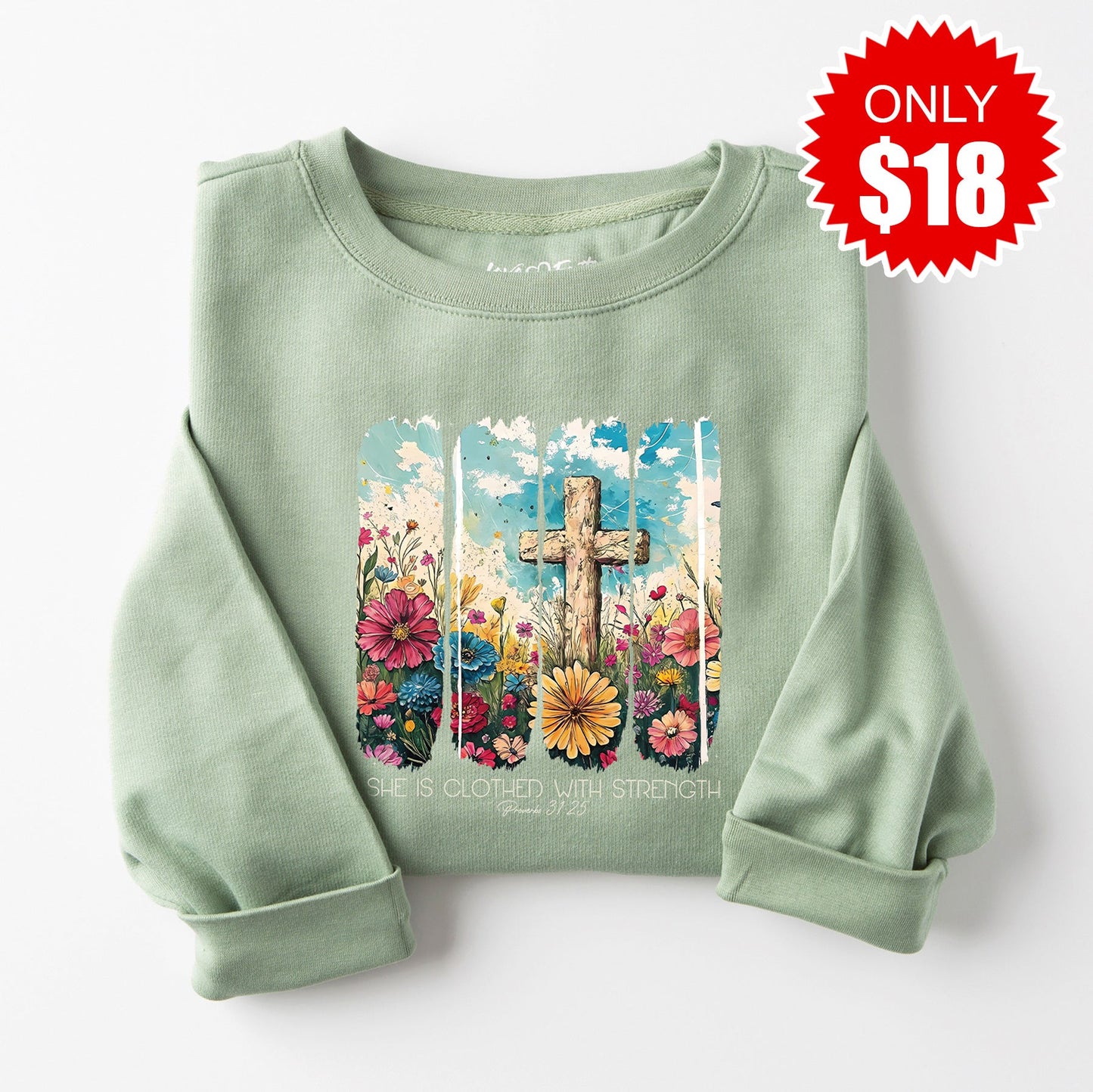 She is Clothed - White Sweatshirt - Heather Sage - 18