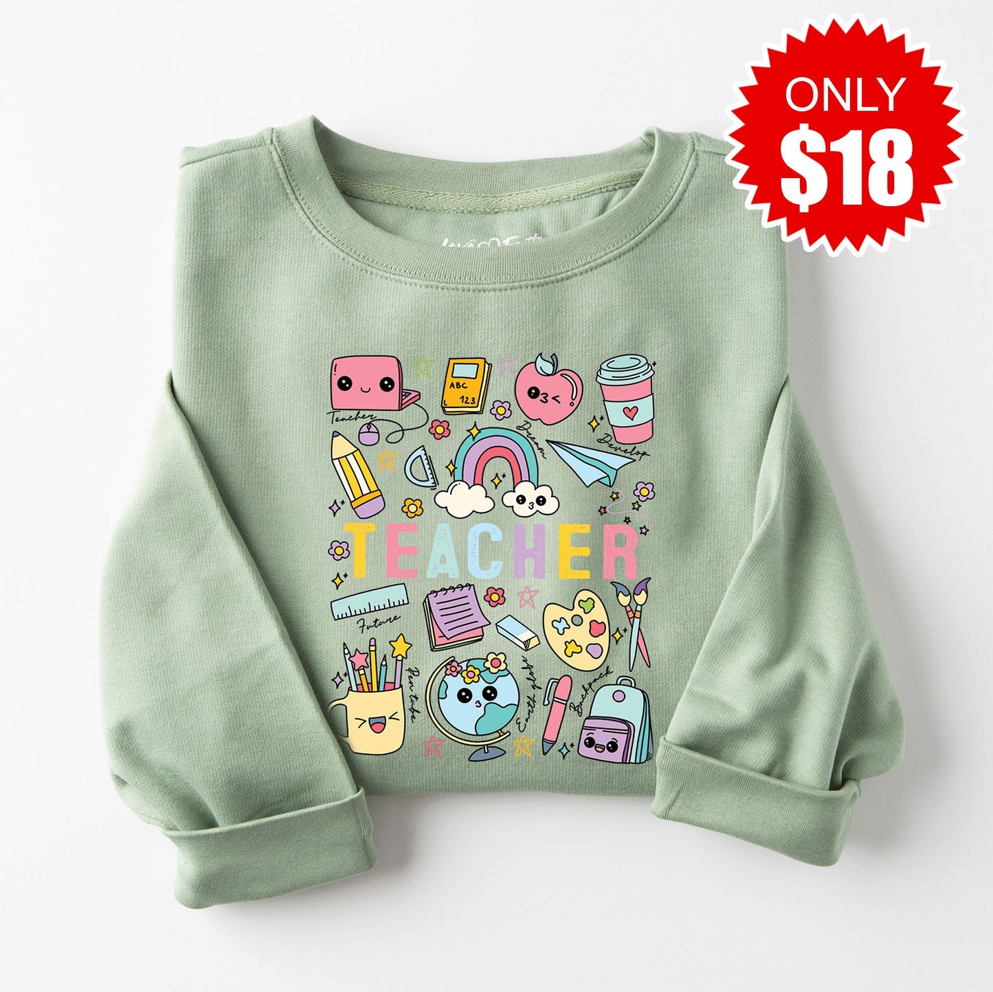 Teacher Rainbow Sweatshirt - Heather Sage - 18