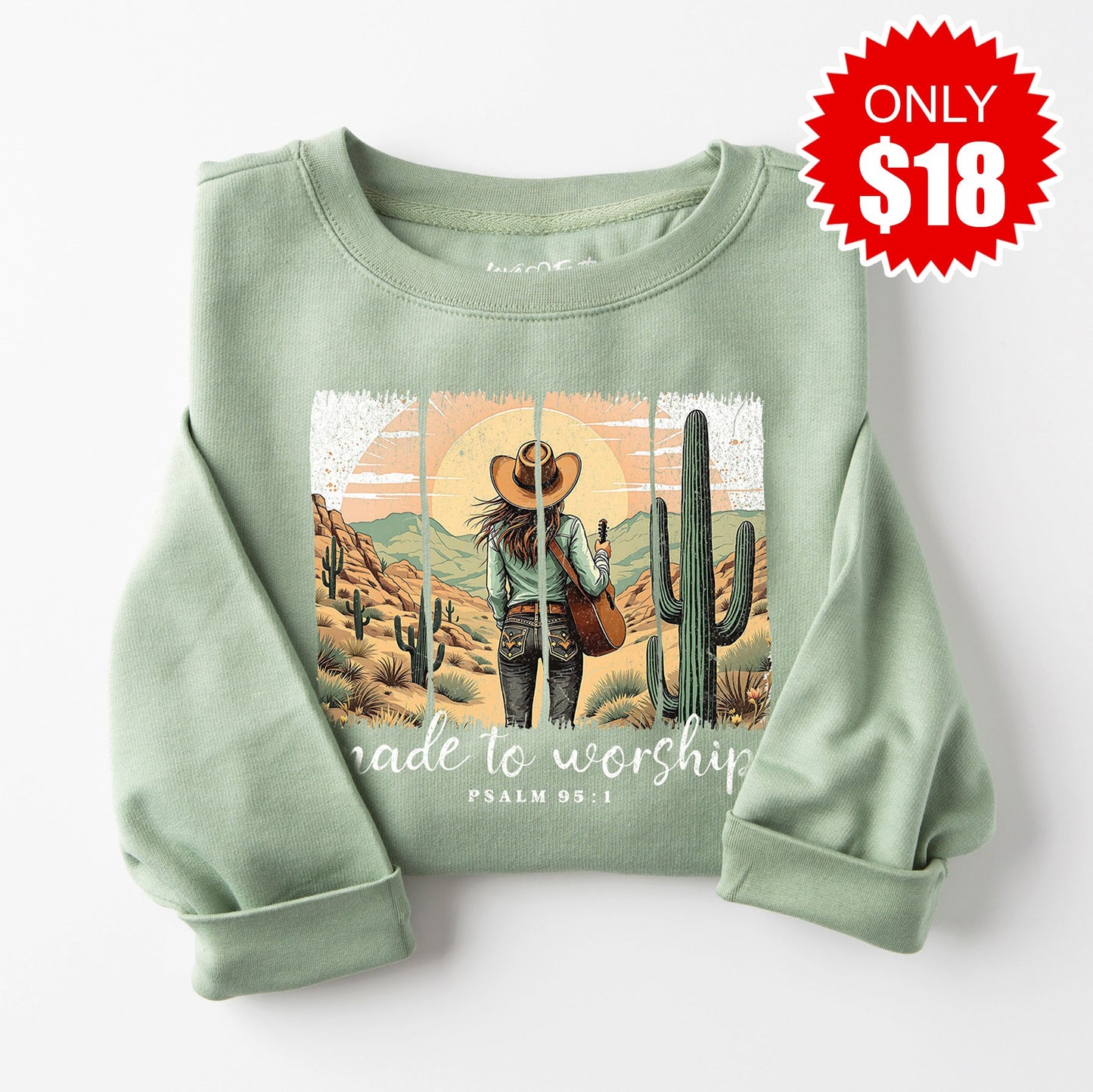 Made To Worship Western Sweatshirt - Heather Sage - 18