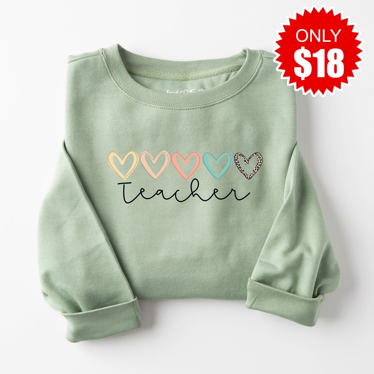 Teacher Hearts Sweatshirt - Heather Sage - 18