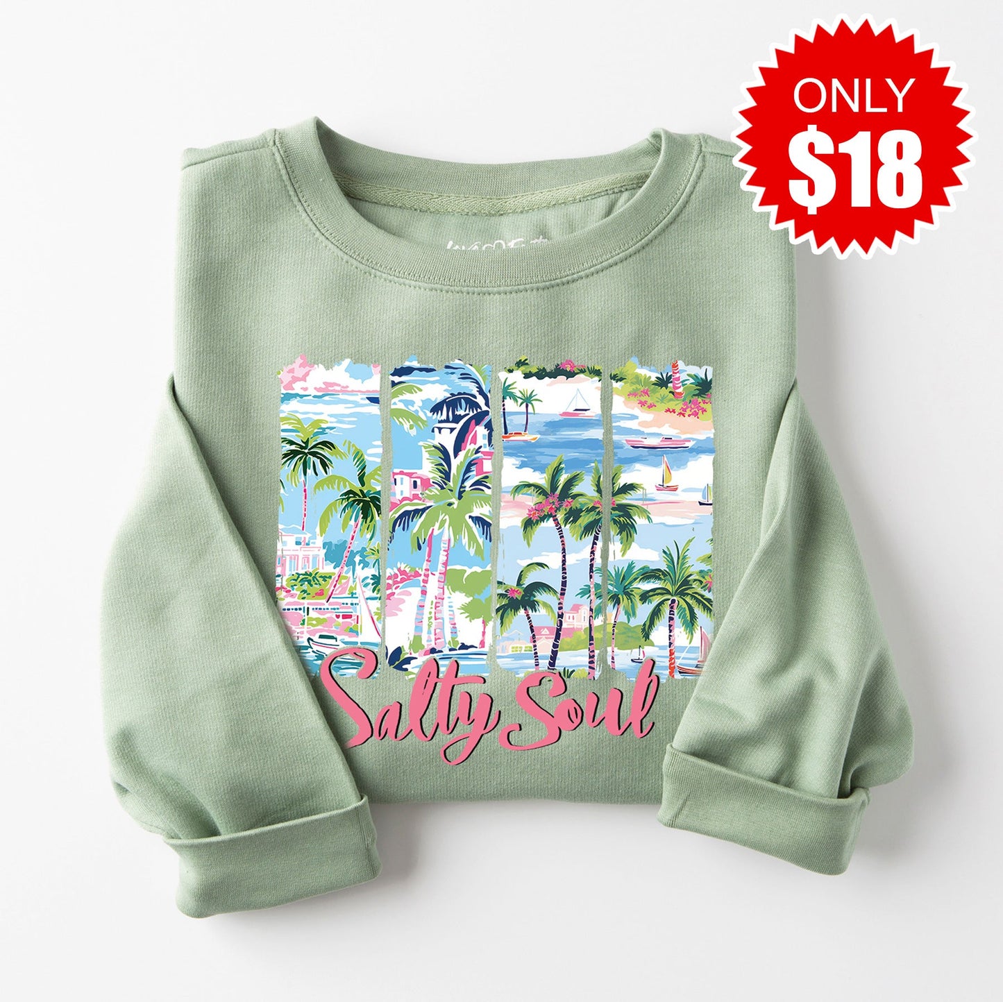 Salty Soul Beach Sweatshirt - Heather Sage - 18