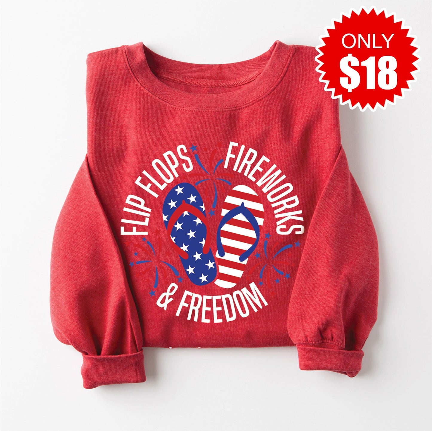 Flip Flops Fireworks Freedom Sweatshirt - Heather Scarlet - 18