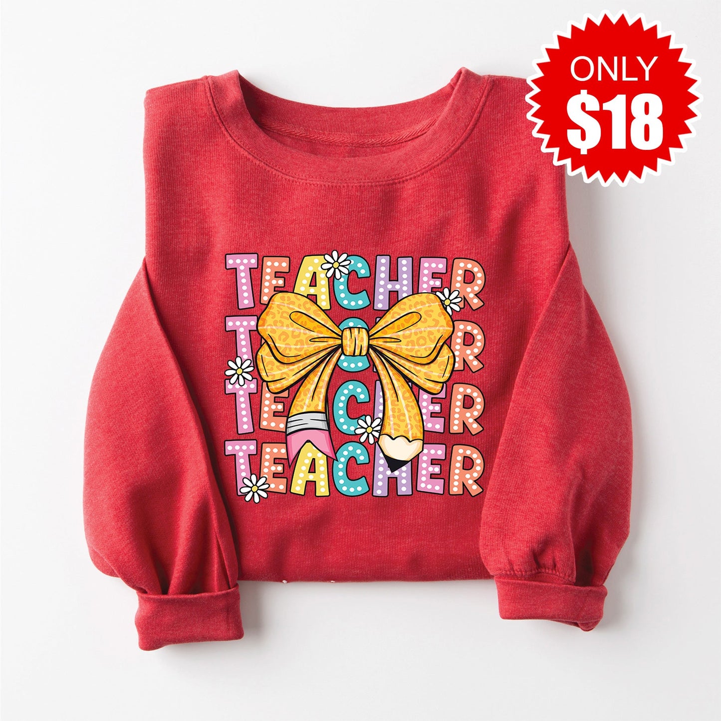 Teacher Bow Sweatshirt - Heather Scarlet - 18
