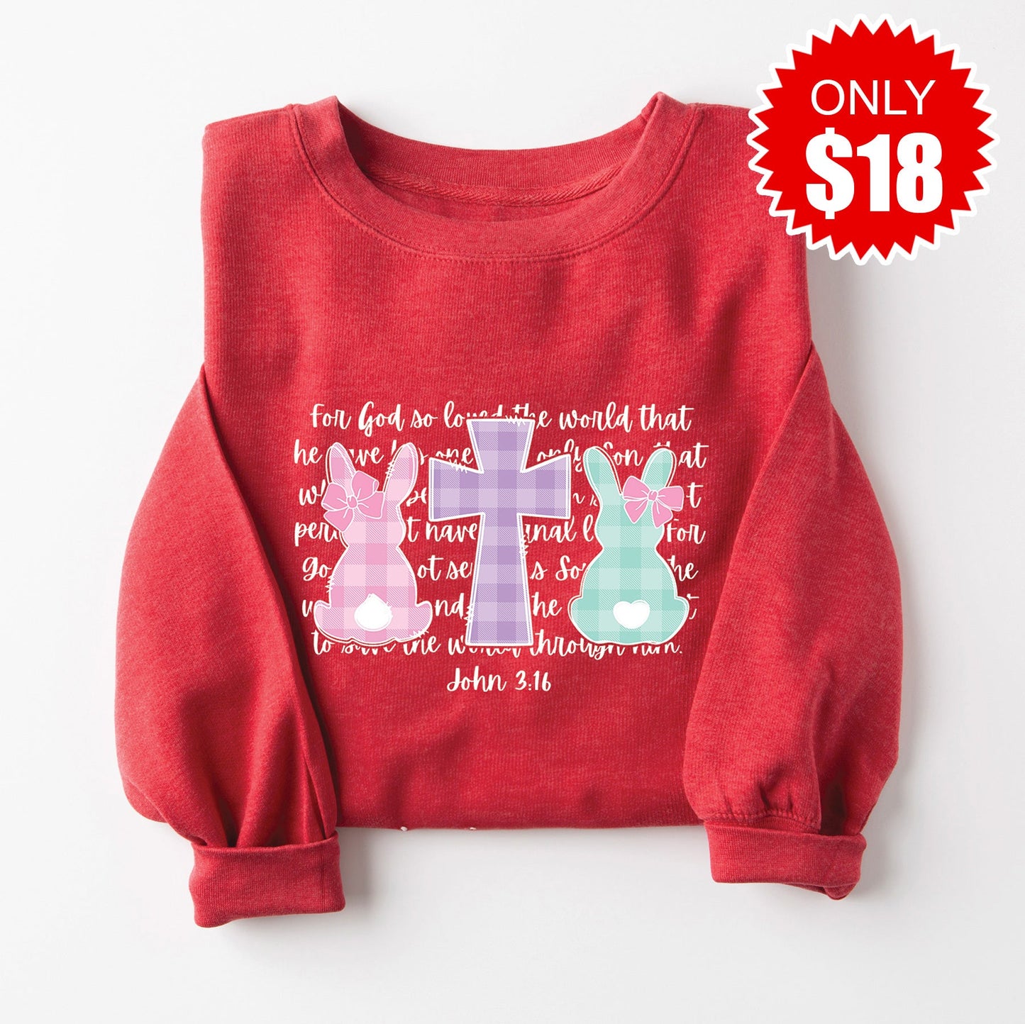 John 3:16 Bunnies Sweatshirt - Heather Scarlet - 18