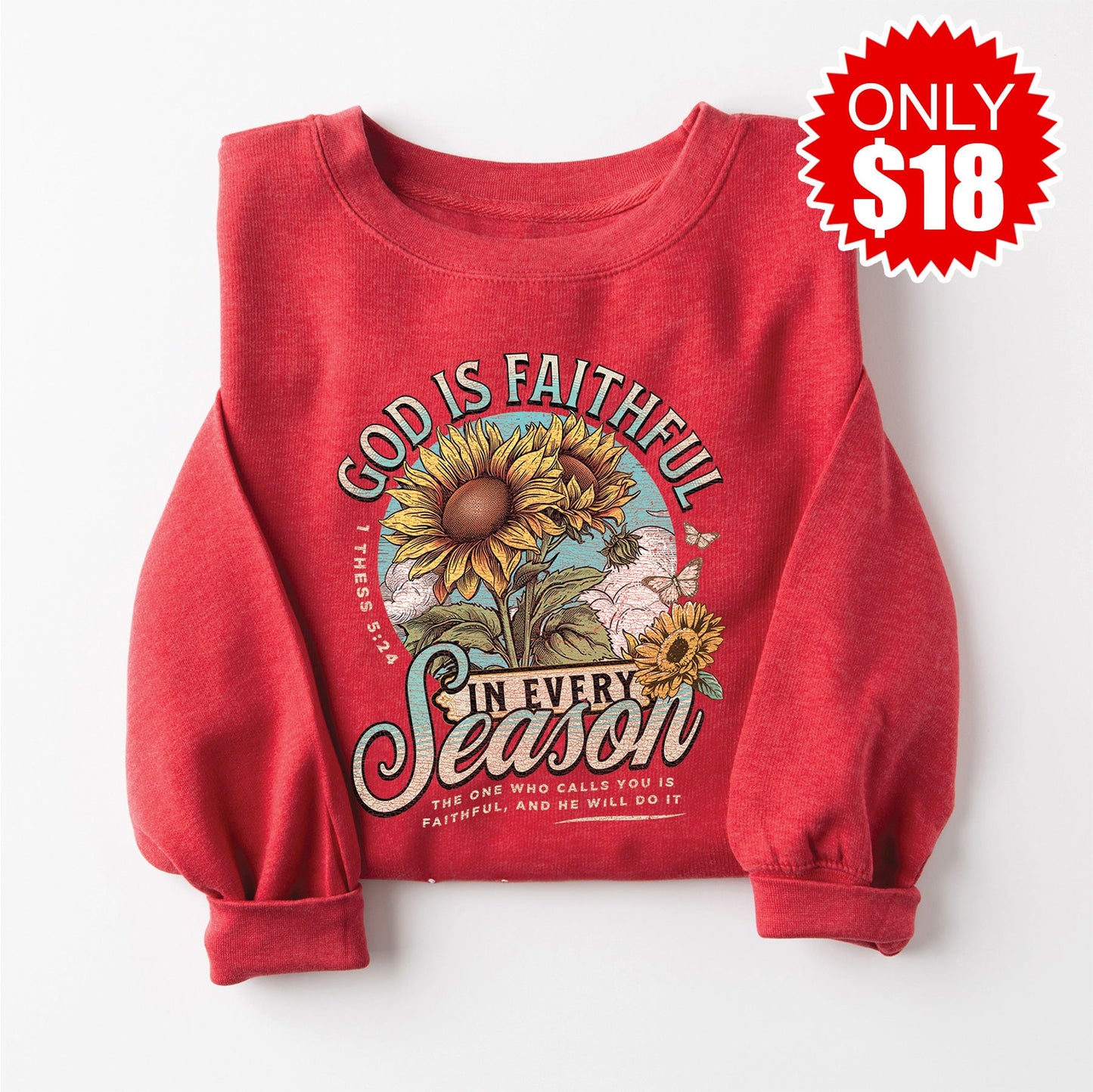 God Is Faithful Crewneck Sweatshirt - Heather Scarlet