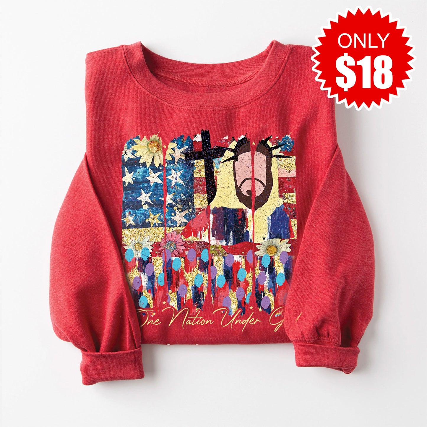One Nation Under God Sweatshirt - Heather Scarlet - 18 Style002