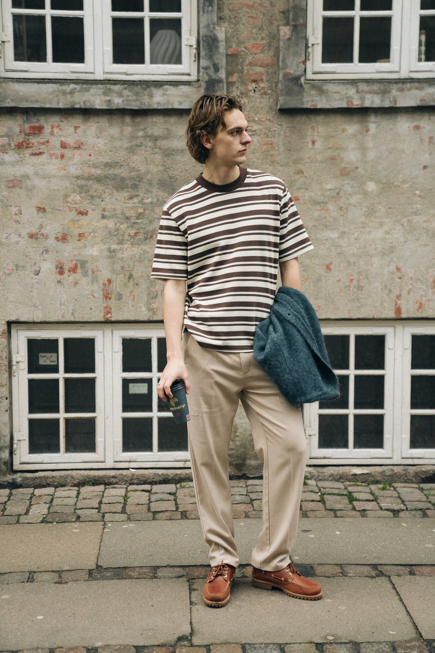 bound Pique Stripe Tee - Brown/Ecru