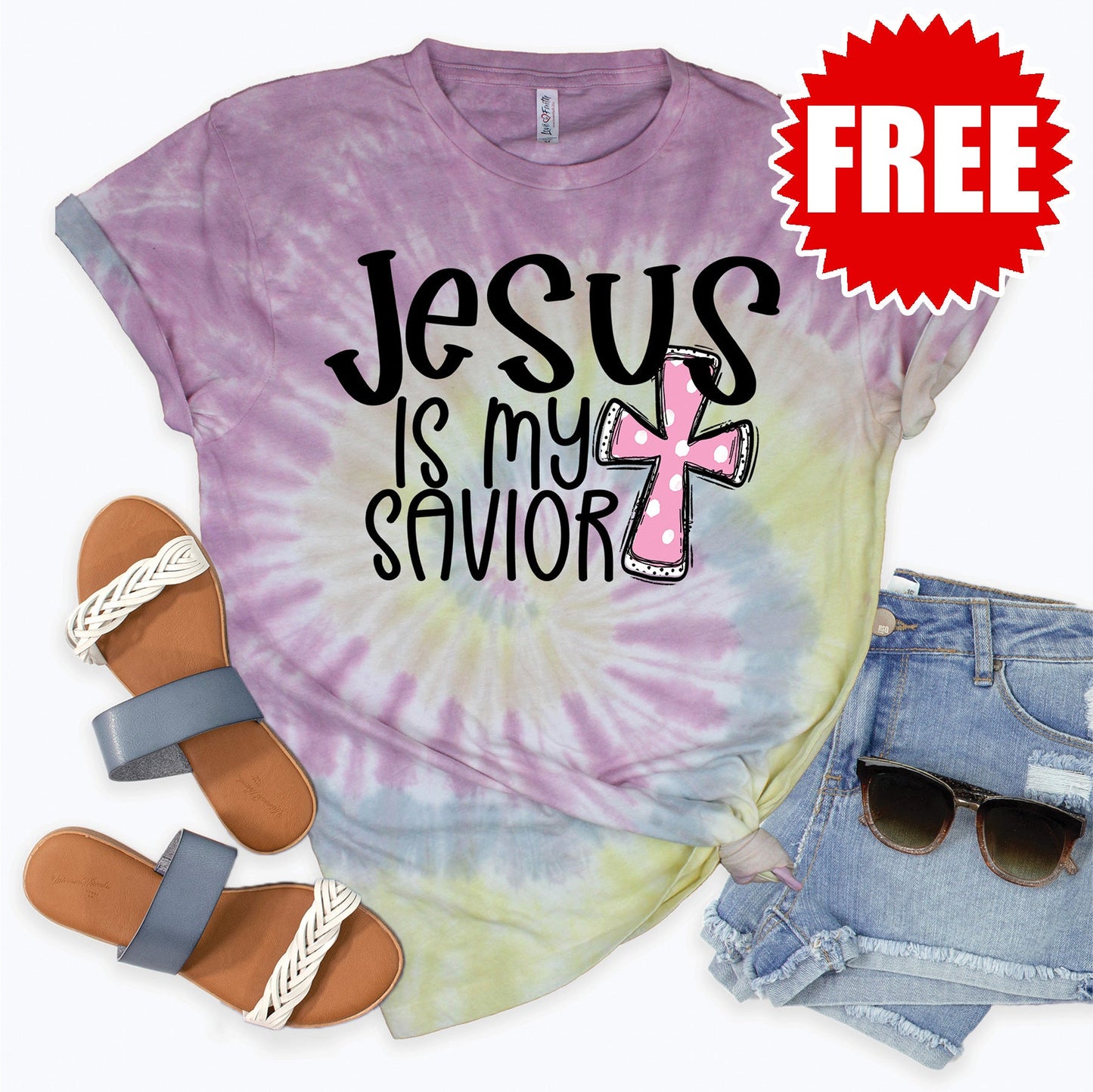 Jesus is my Savior Tee - Desert Rose Tie Dye - FREE
