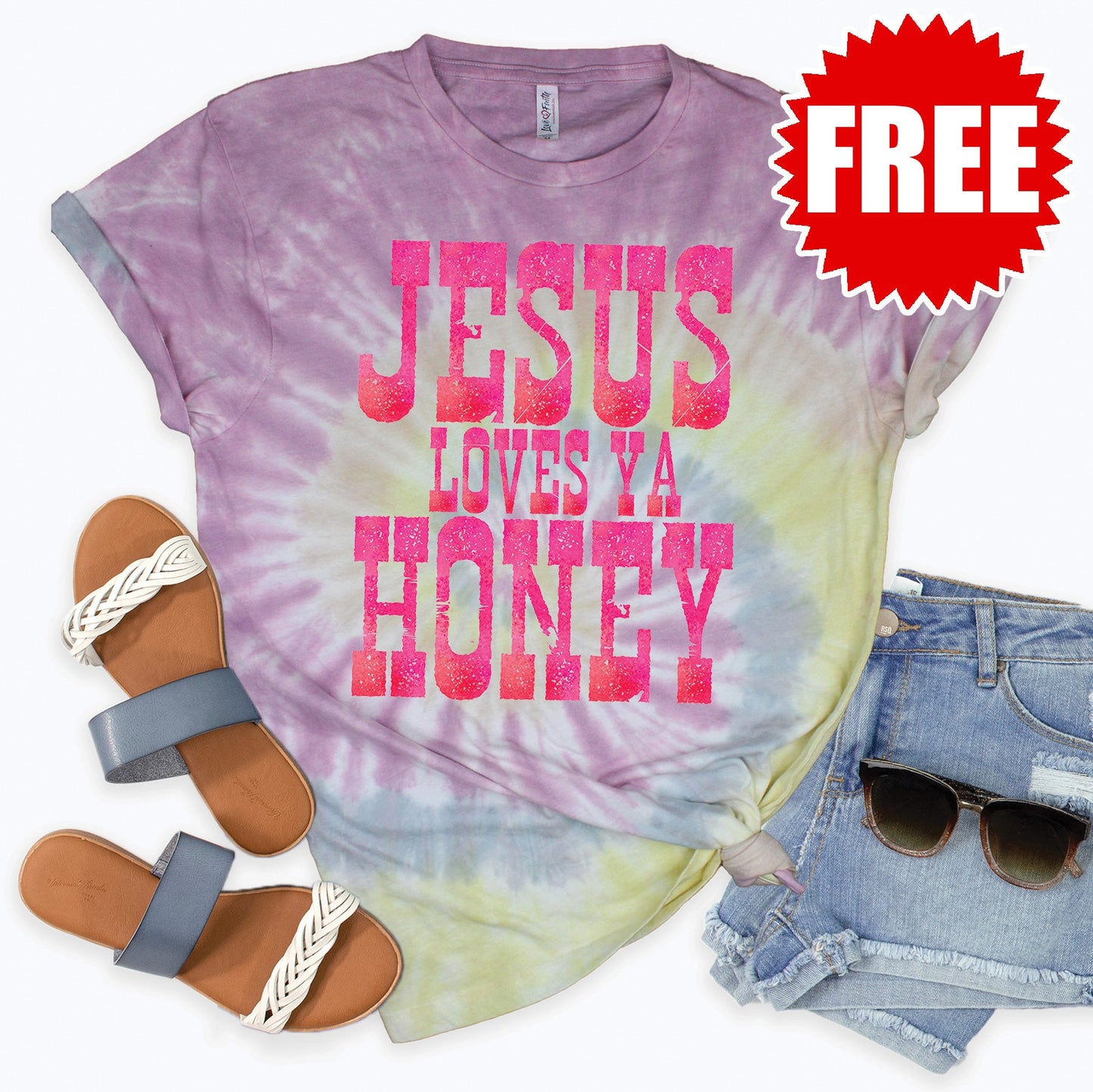 Jesus Loves Ya Honey Tee - Desert Rose Tie Dye - 0