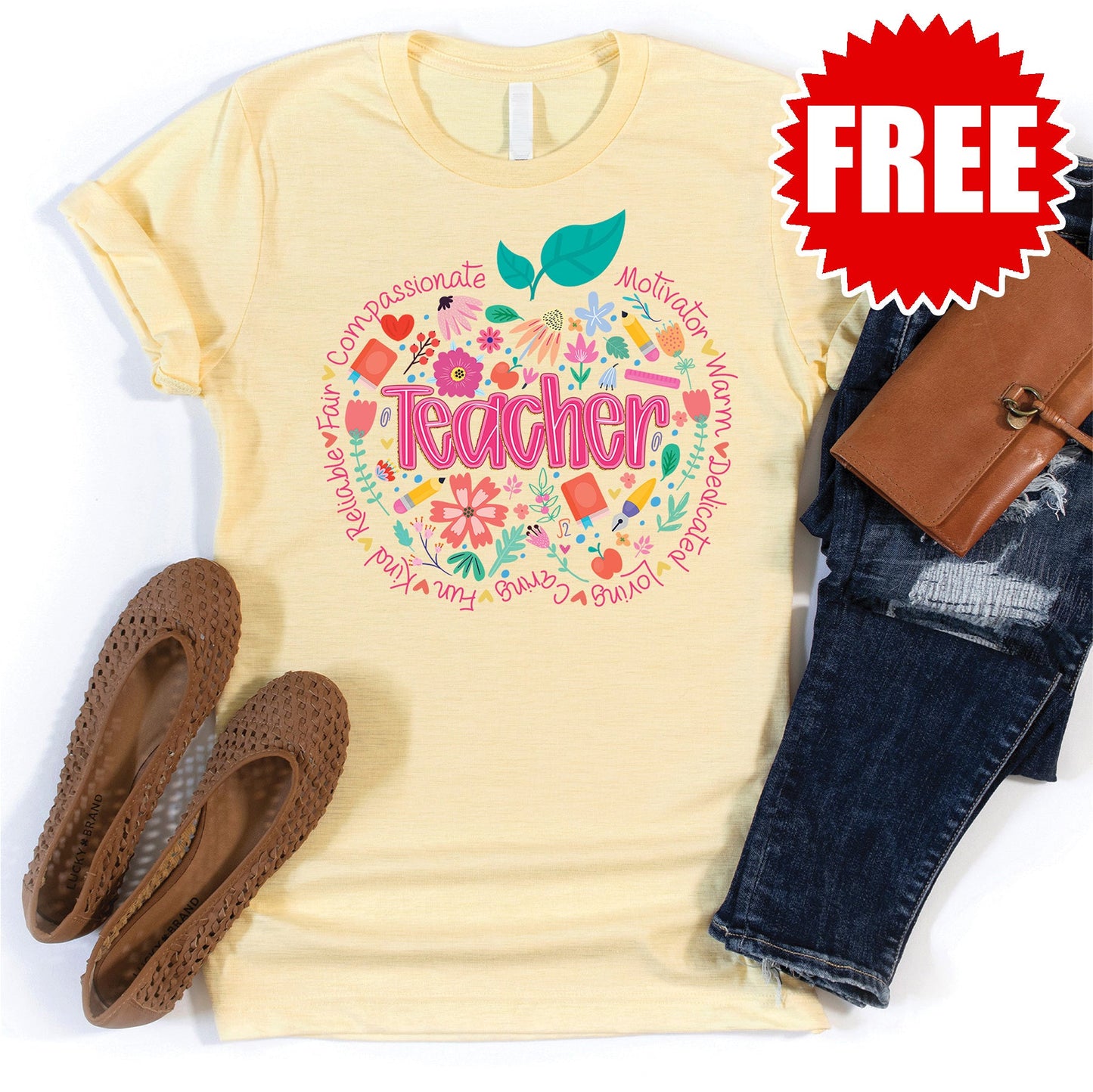 Teacher Apple Tee - Heather French Vanilla - 0