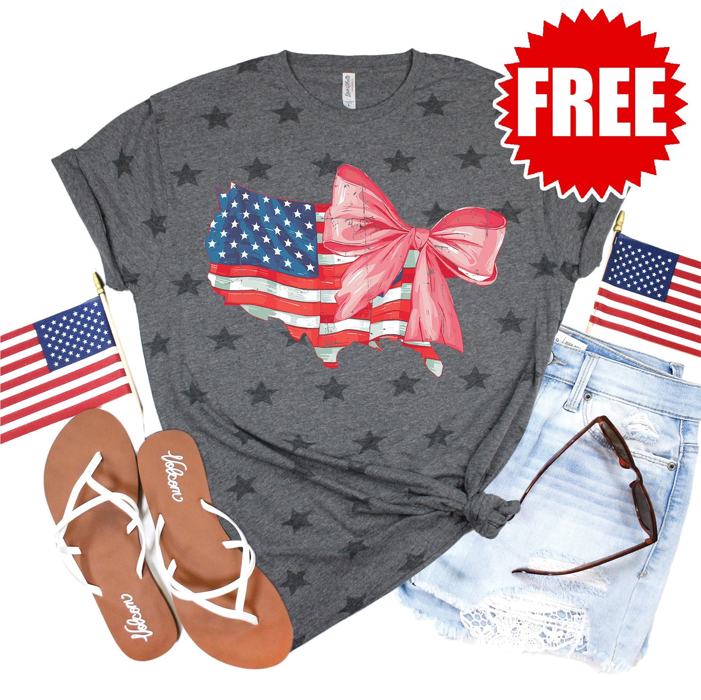 USA Ribbon Tee - Grey Star Print - FREE