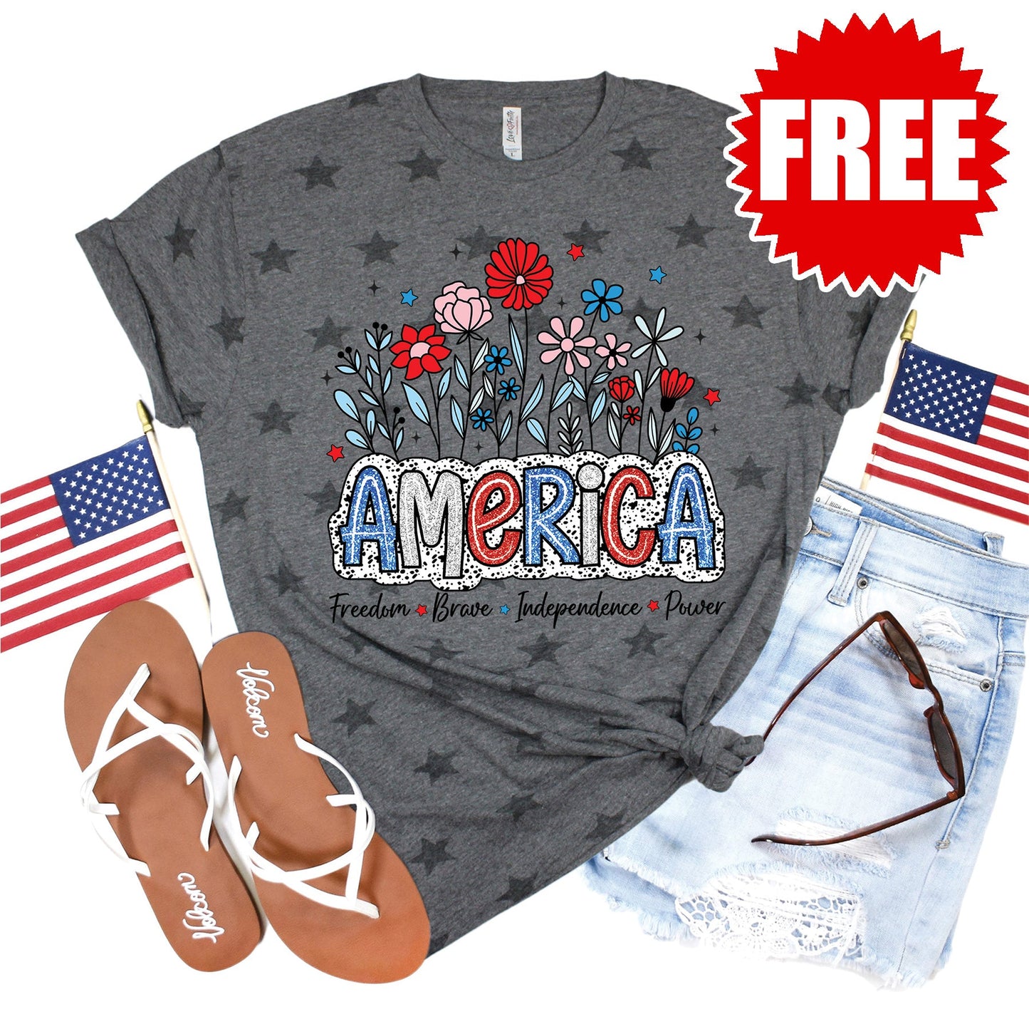 America Glitter Tee - Grey Star Print - 0