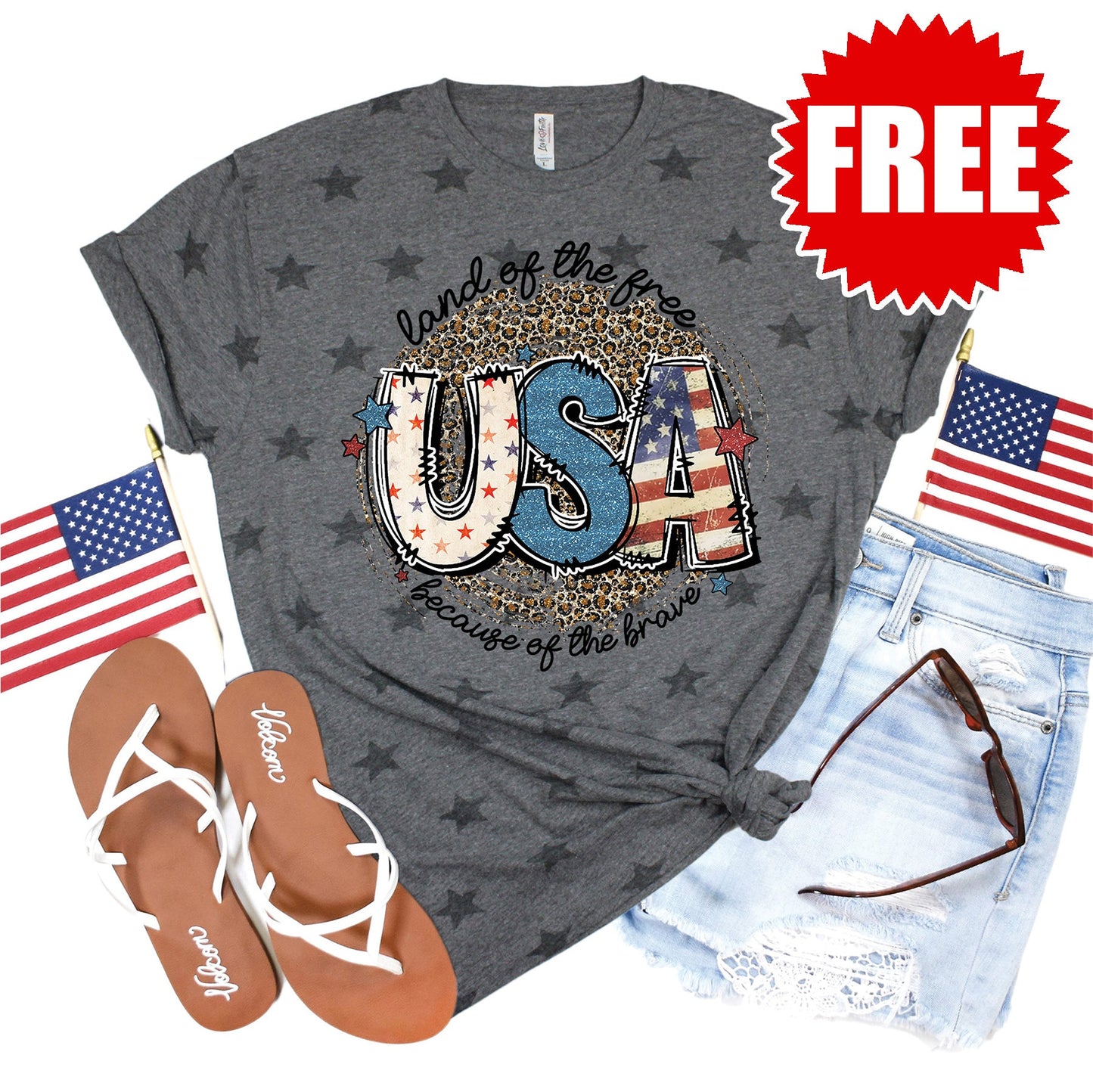 Land Of The Free USA Tee - Grey Star Print - 0