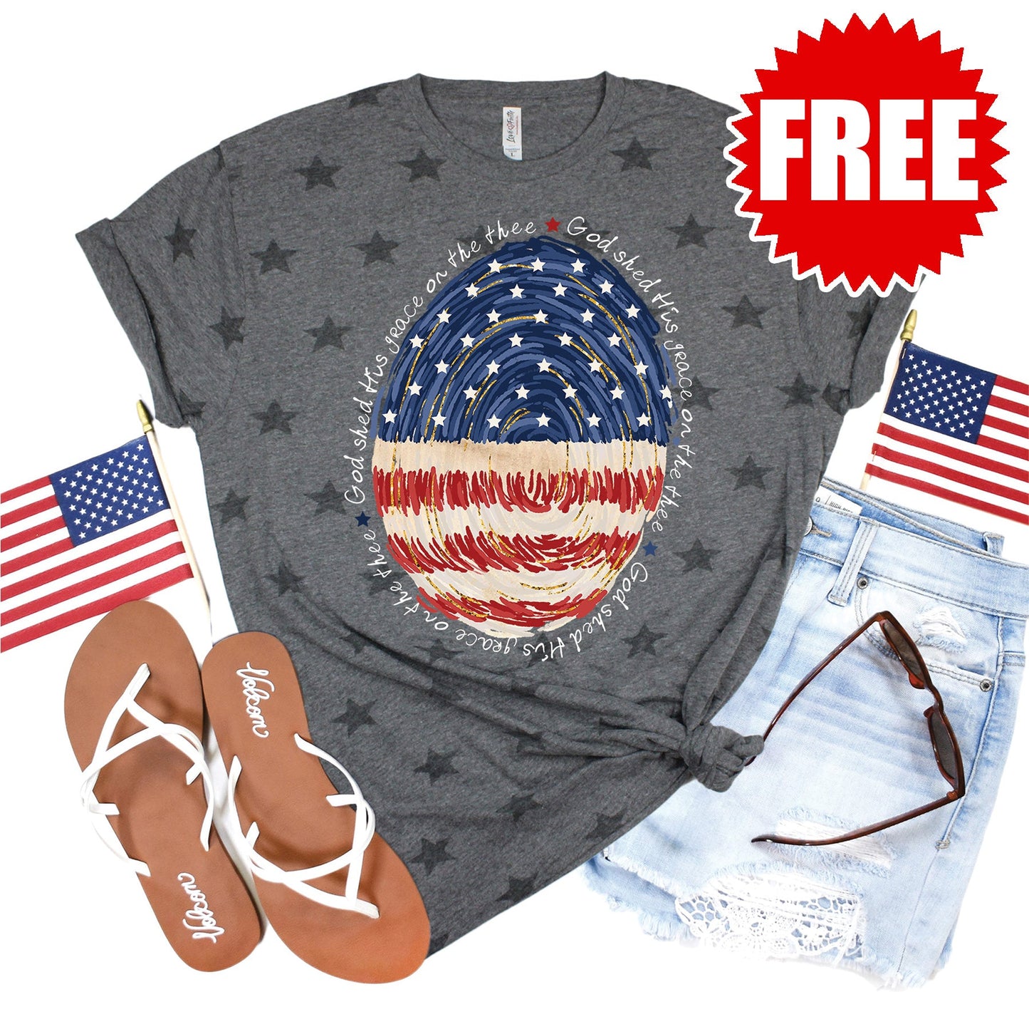 God Shed His Grace Fingerprint Tee - Grey Star Print - 0