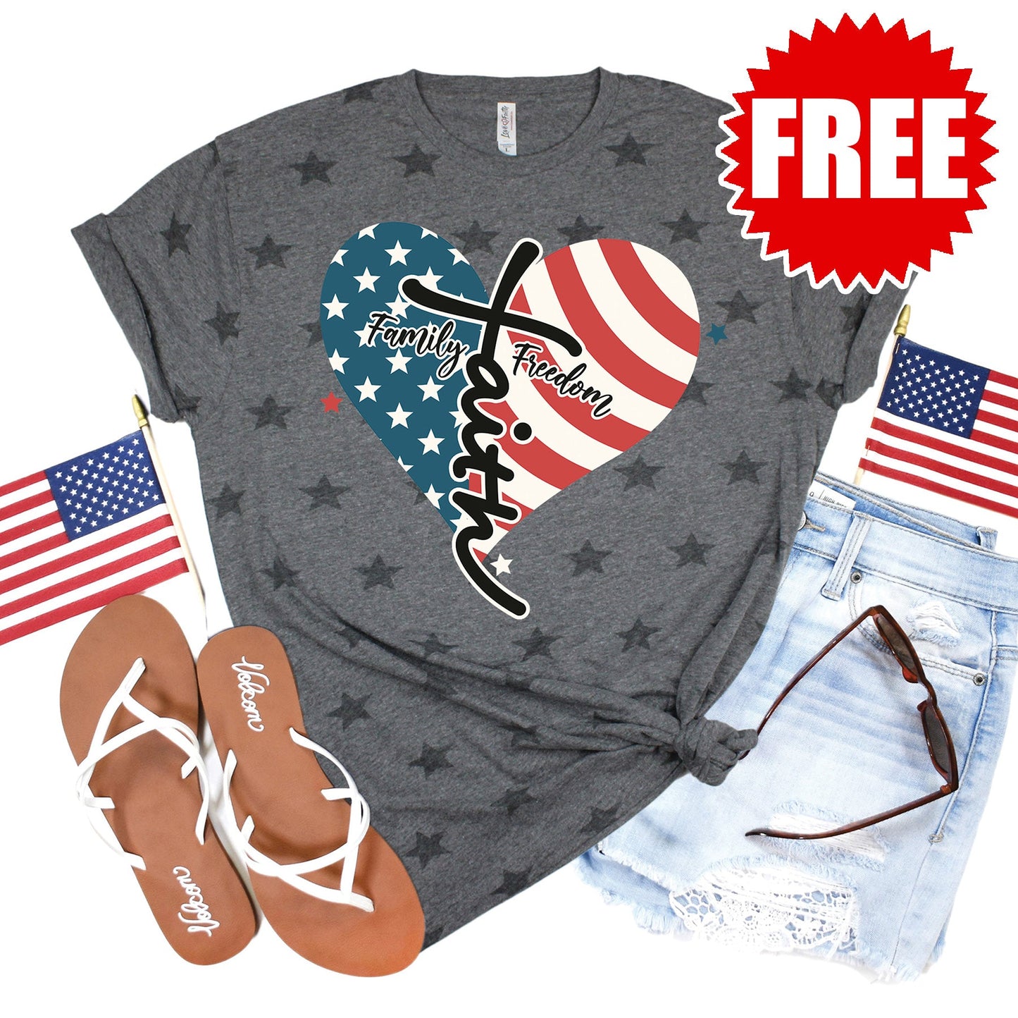 Faith Family Freedom USA Tee - Grey Star Print - 0