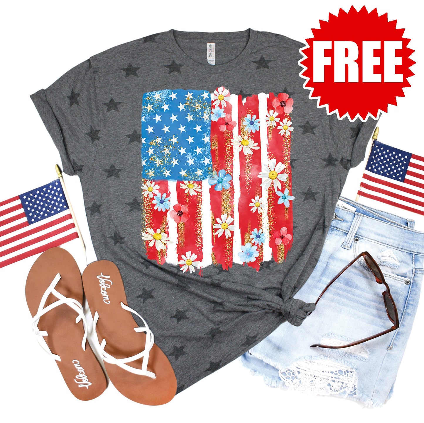 Patriotic Flag Tee - Grey Star Print - 0