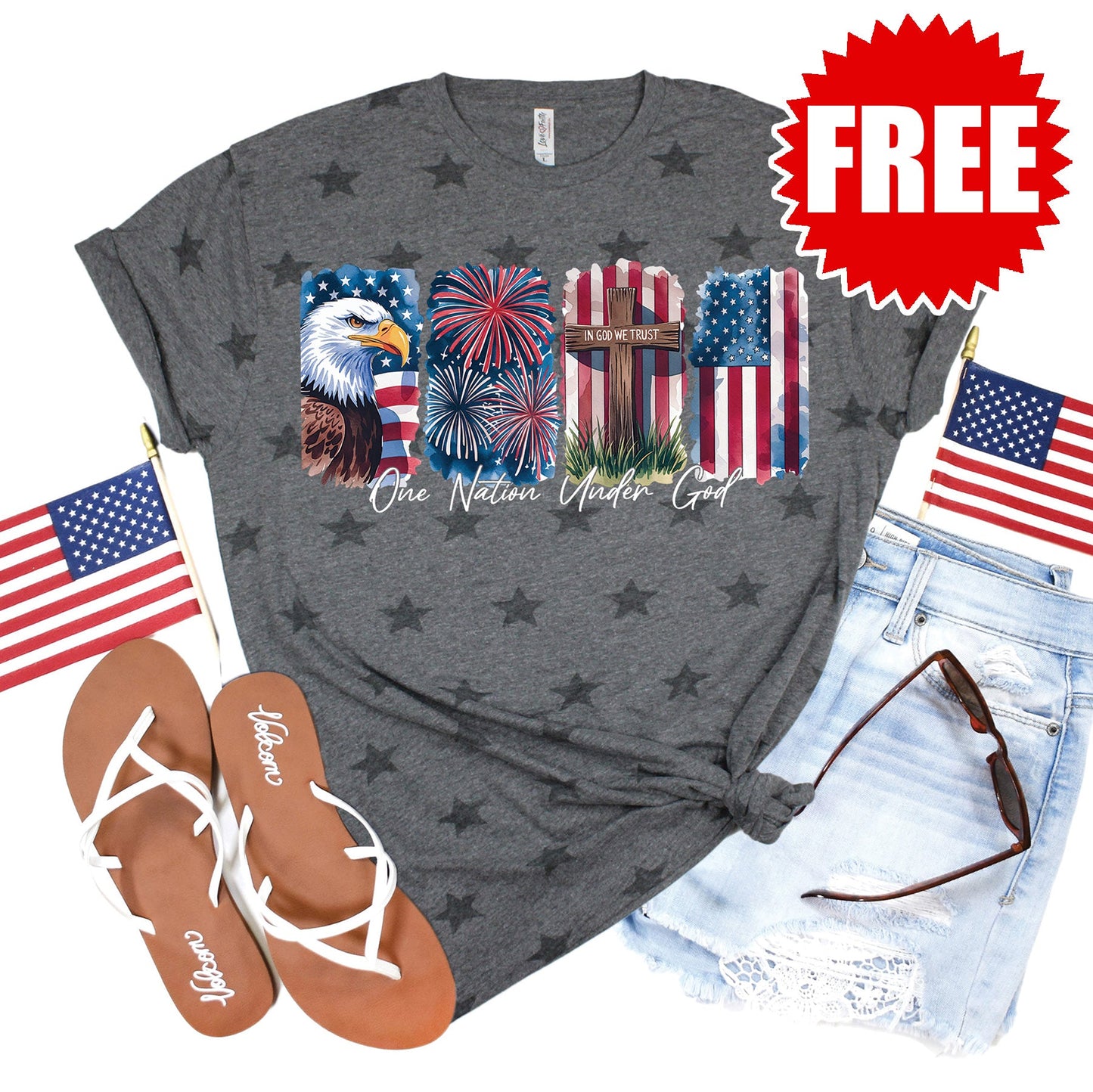 One Nation Under God Tee - Grey Star Print - 0