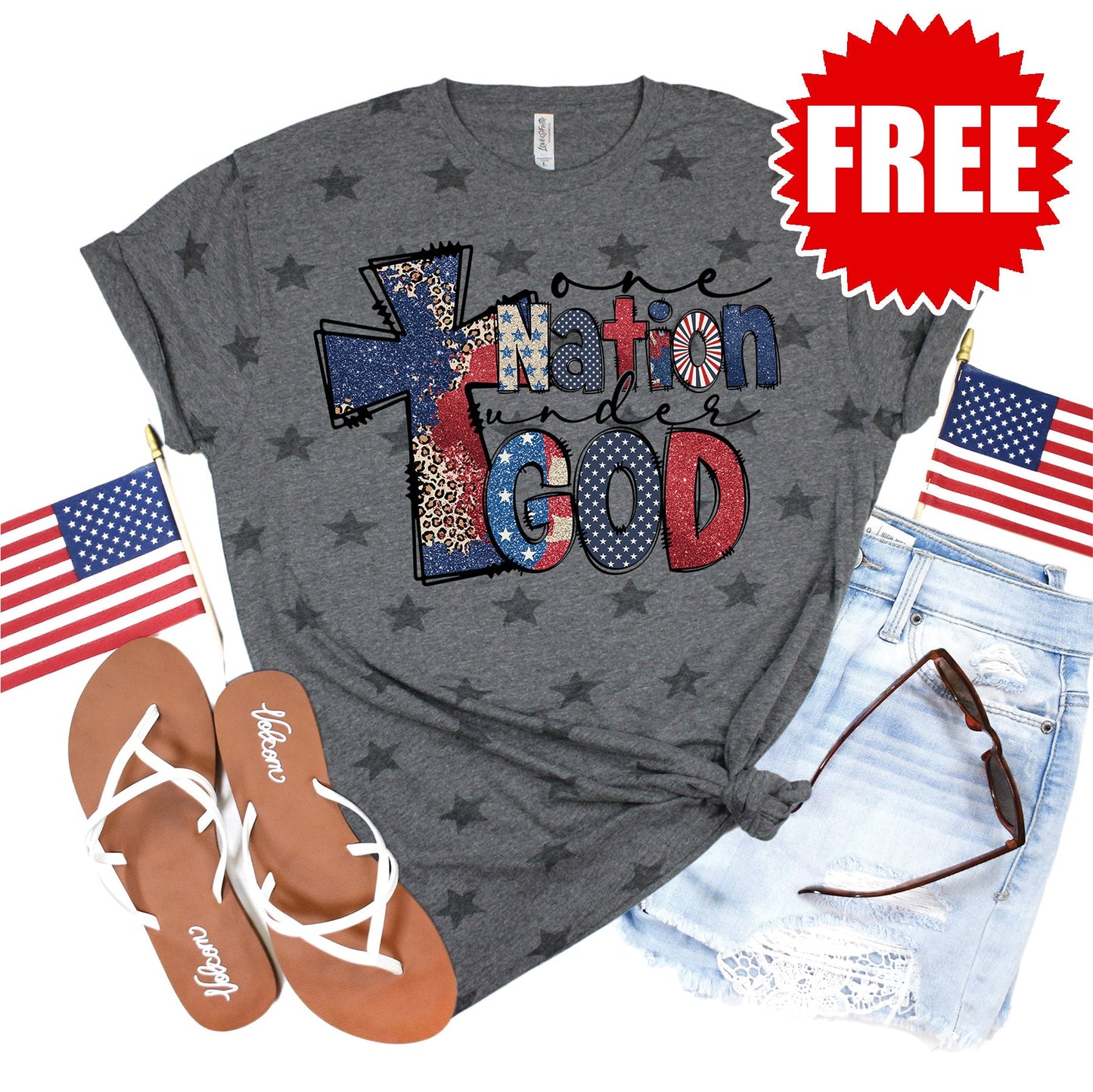 One Nation Cross Tee - Grey Star Print - 0
