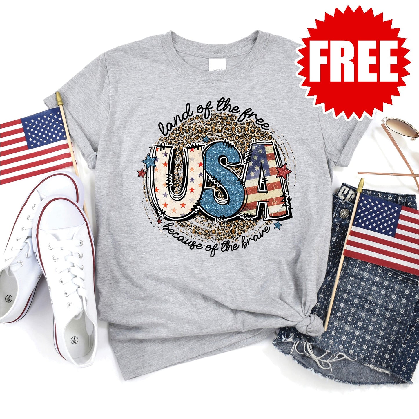 Land Of The Free USA Tee - Heather Grey - 0