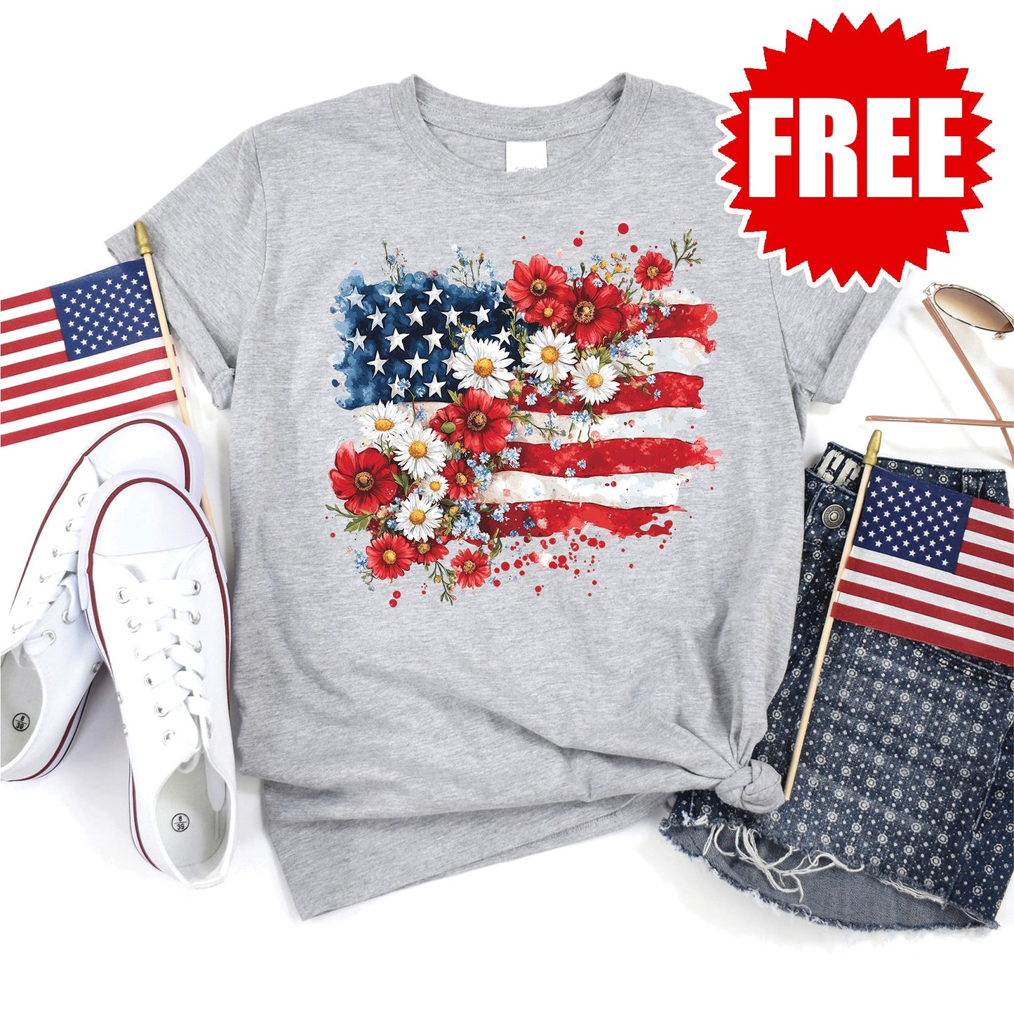Floral Flag Tee - Heather Grey - 0