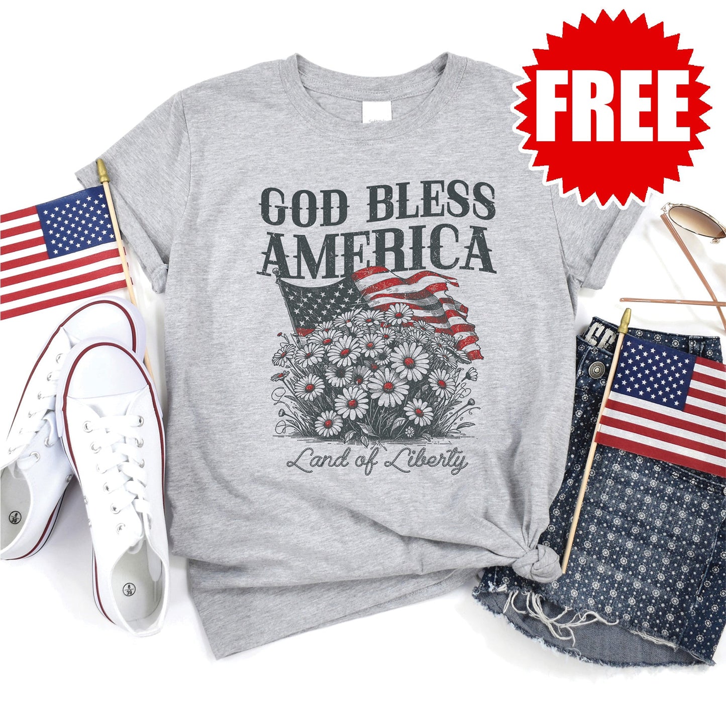 God Bless America Tee - Heather Grey - FREE