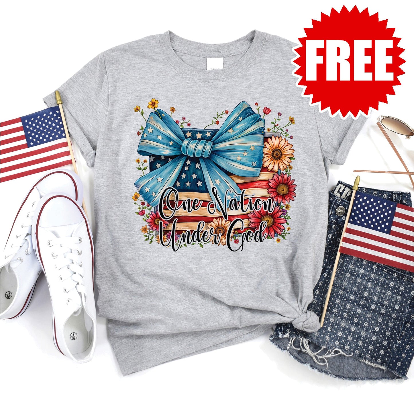 One Nation Under God Ribbon Tee - Heather Grey - 0