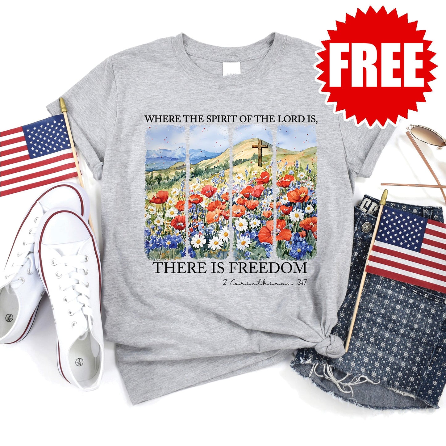 There If Freedom Floral Tee - Heather Grey - 0