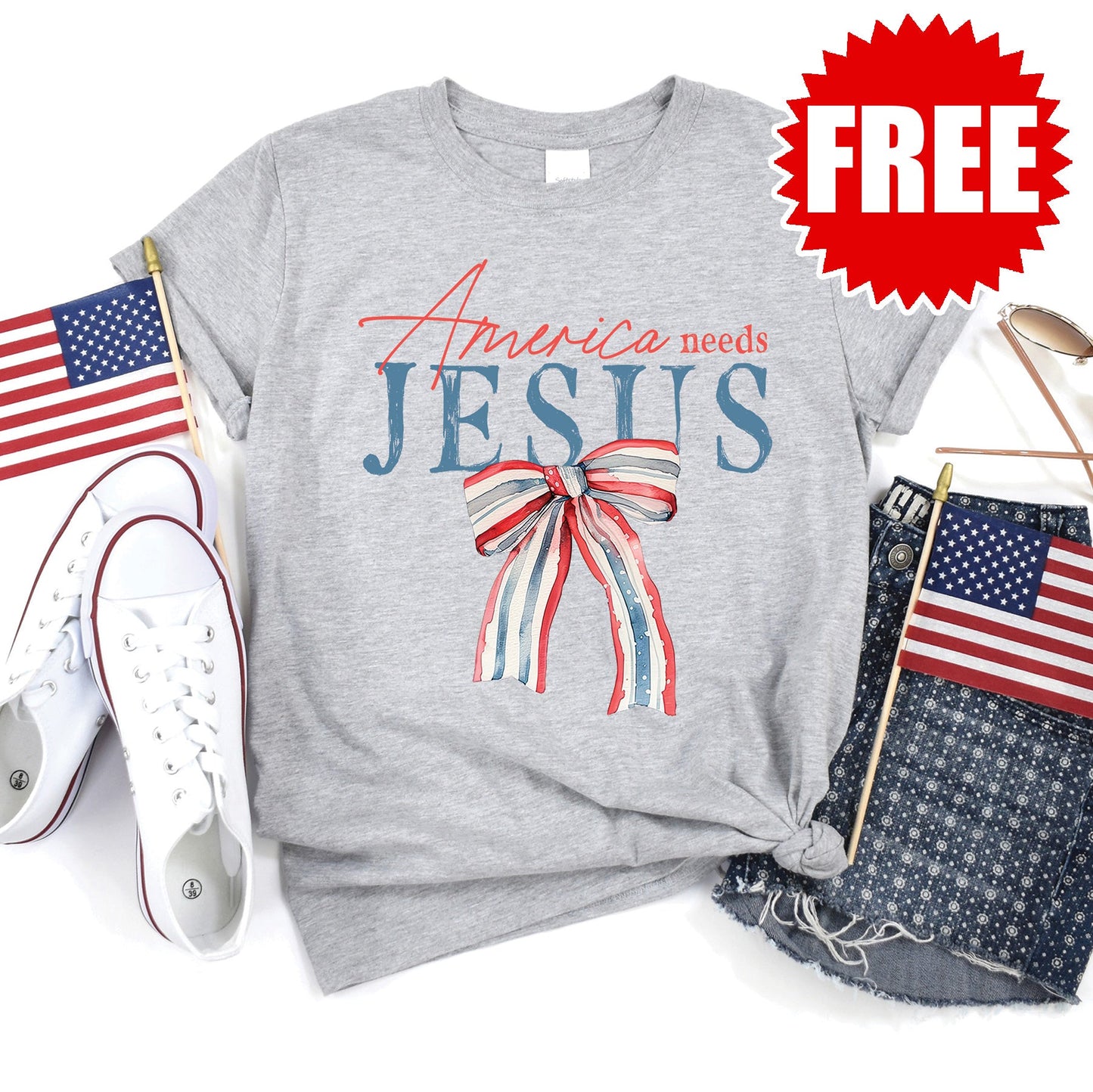 America Needs Jesus Tee - Heather Grey - FREE