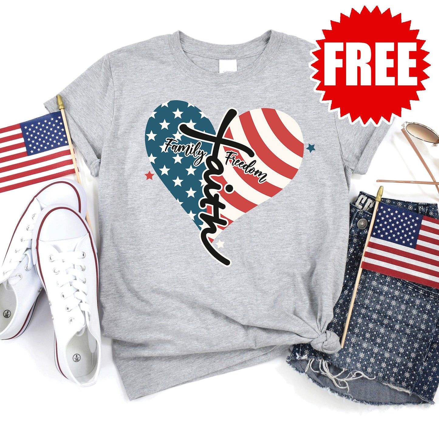 Faith Family Freedom USA Tee - Heather Grey - 0