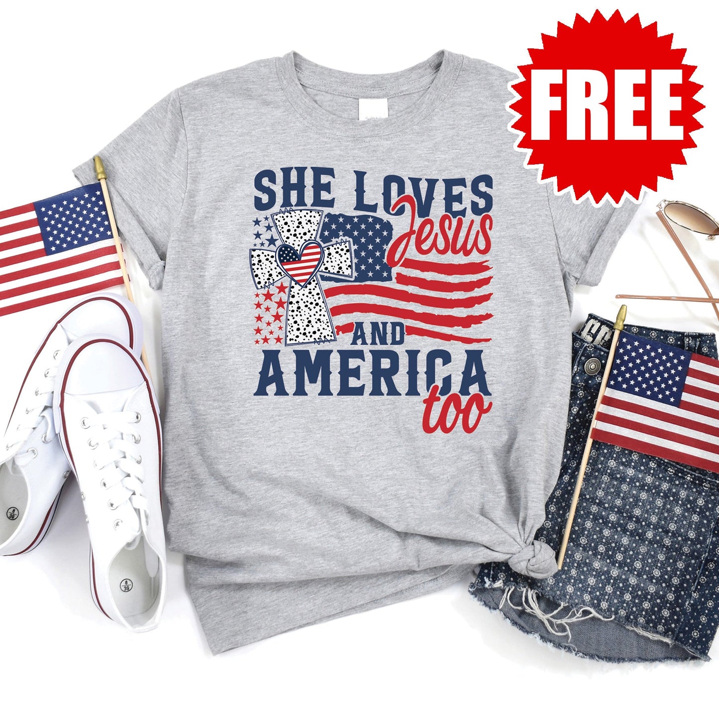 She Loves Jesus And America Tee - Heather Grey - 0