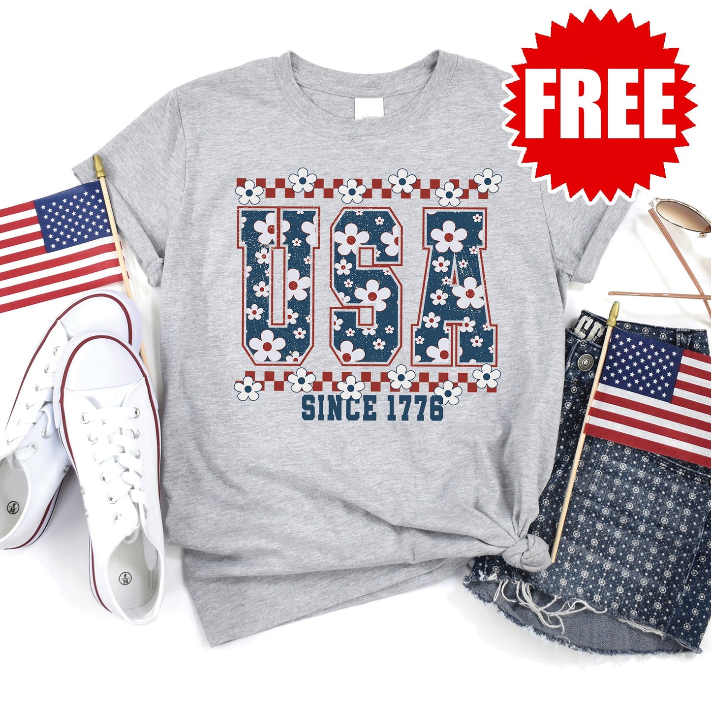 USA Varsity Floral Tee - Heather Grey - 0