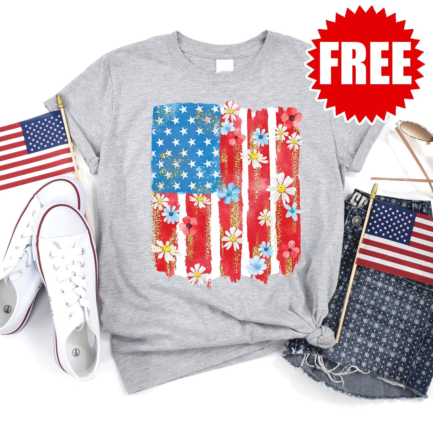 Patriotic Flag Tee - Heather Grey - 0
