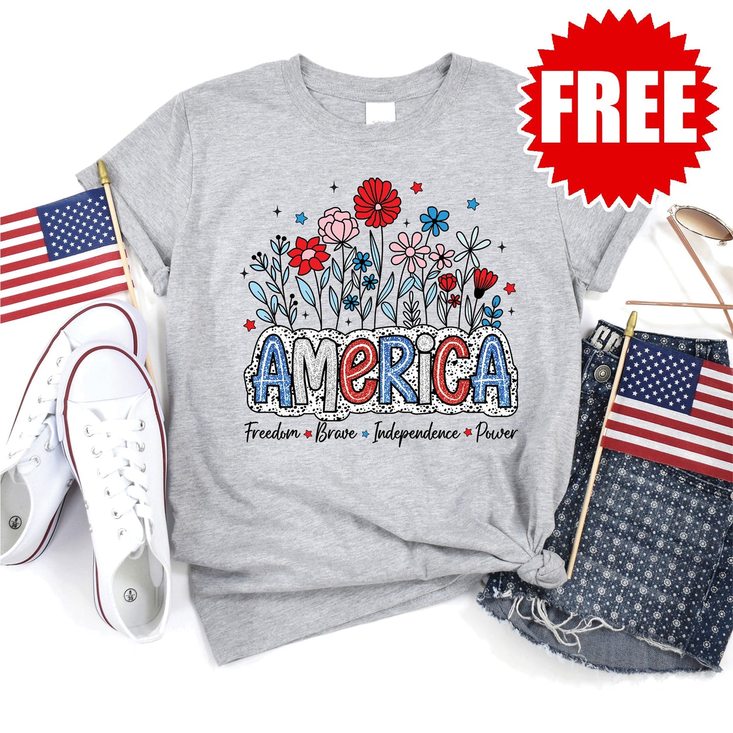 America Glitter Tee - Heather Grey - 0