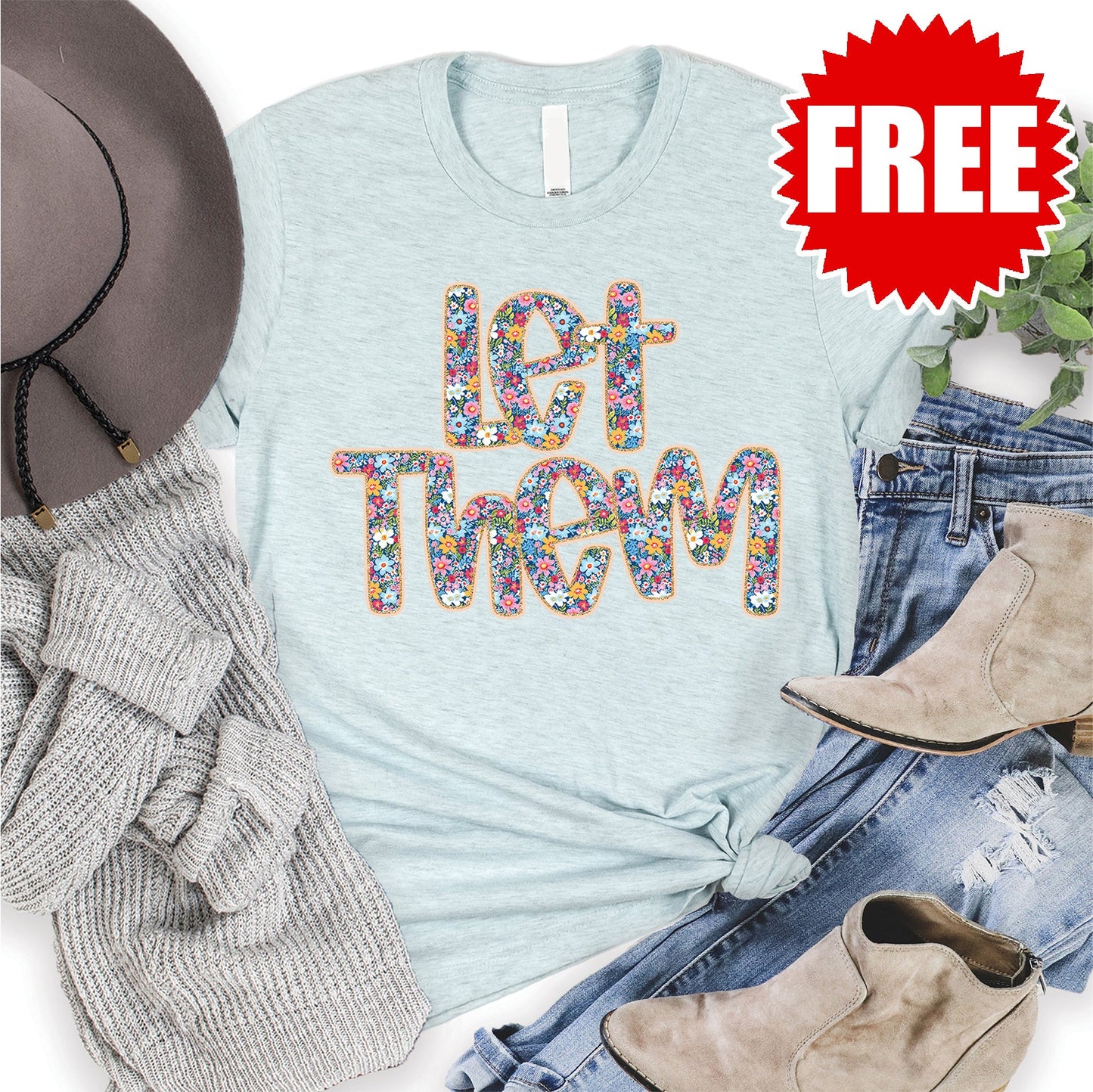 Let Them Floral Tee - Heather Ice Blue - 0