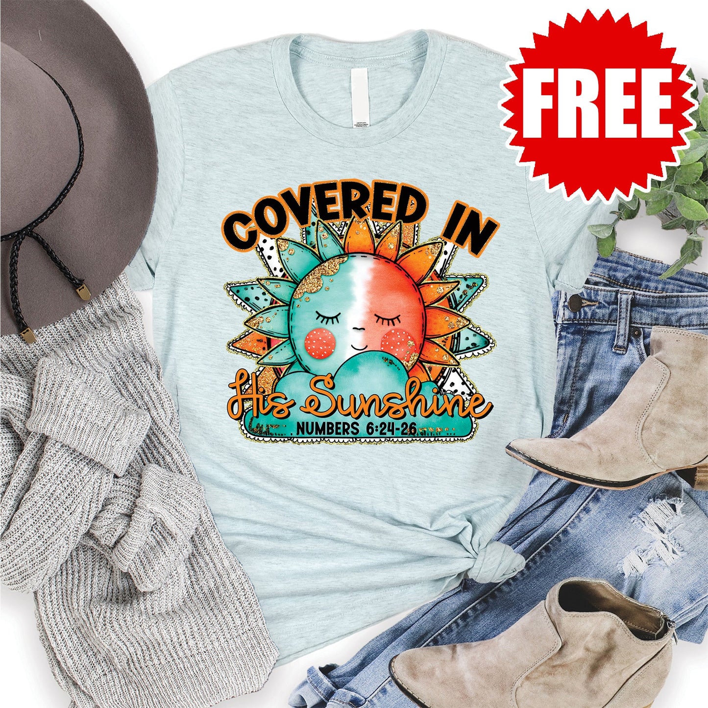 Covered in His Sunshine Tee - Heather Ice Blue - 0