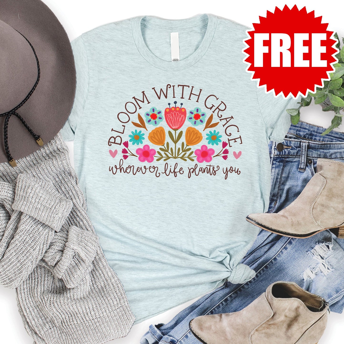 Bloom With Grace Tee - Heather Ice Blue - 0