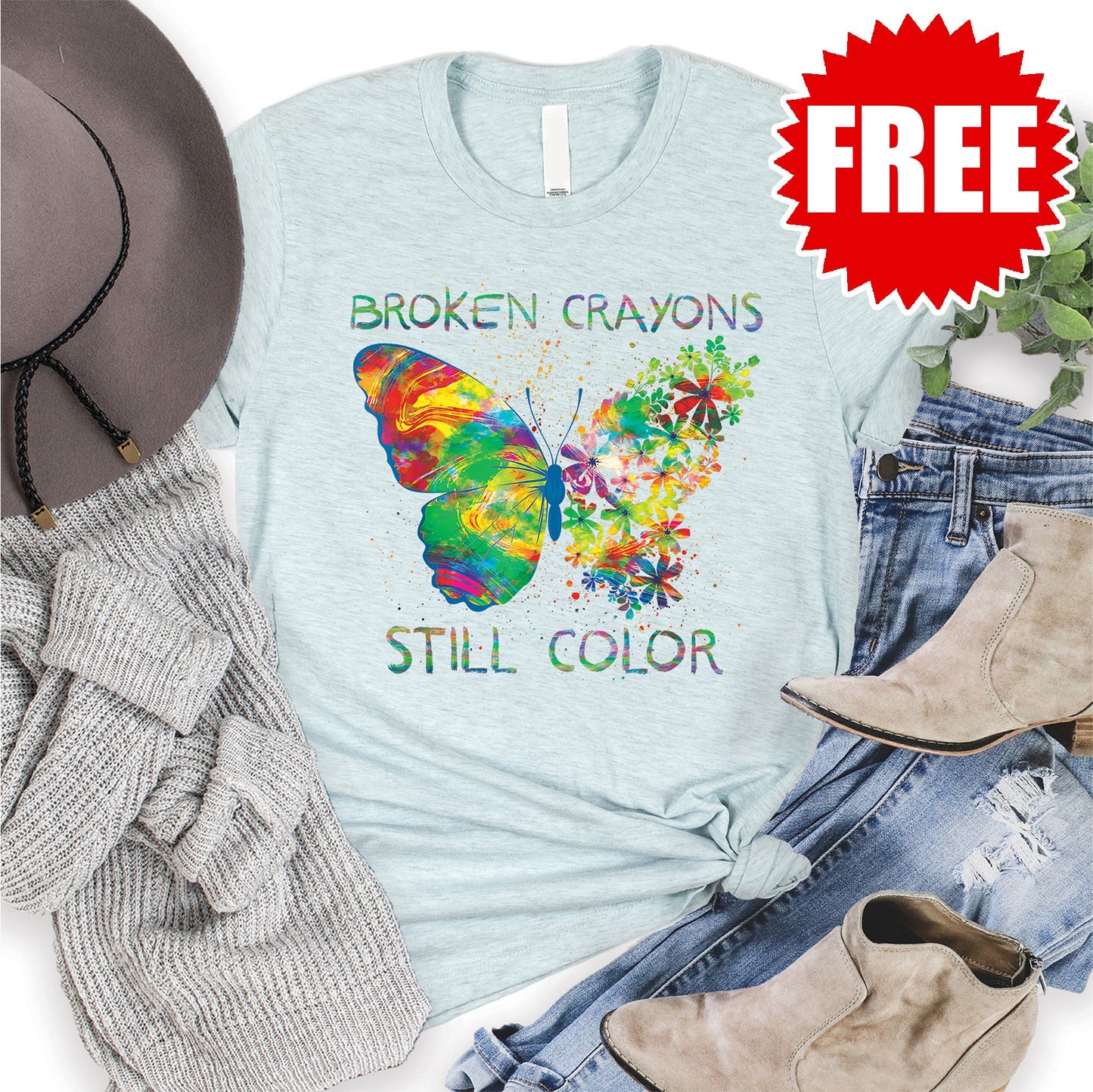 Broken Crayons Tee - Heather Ice Blue - 0
