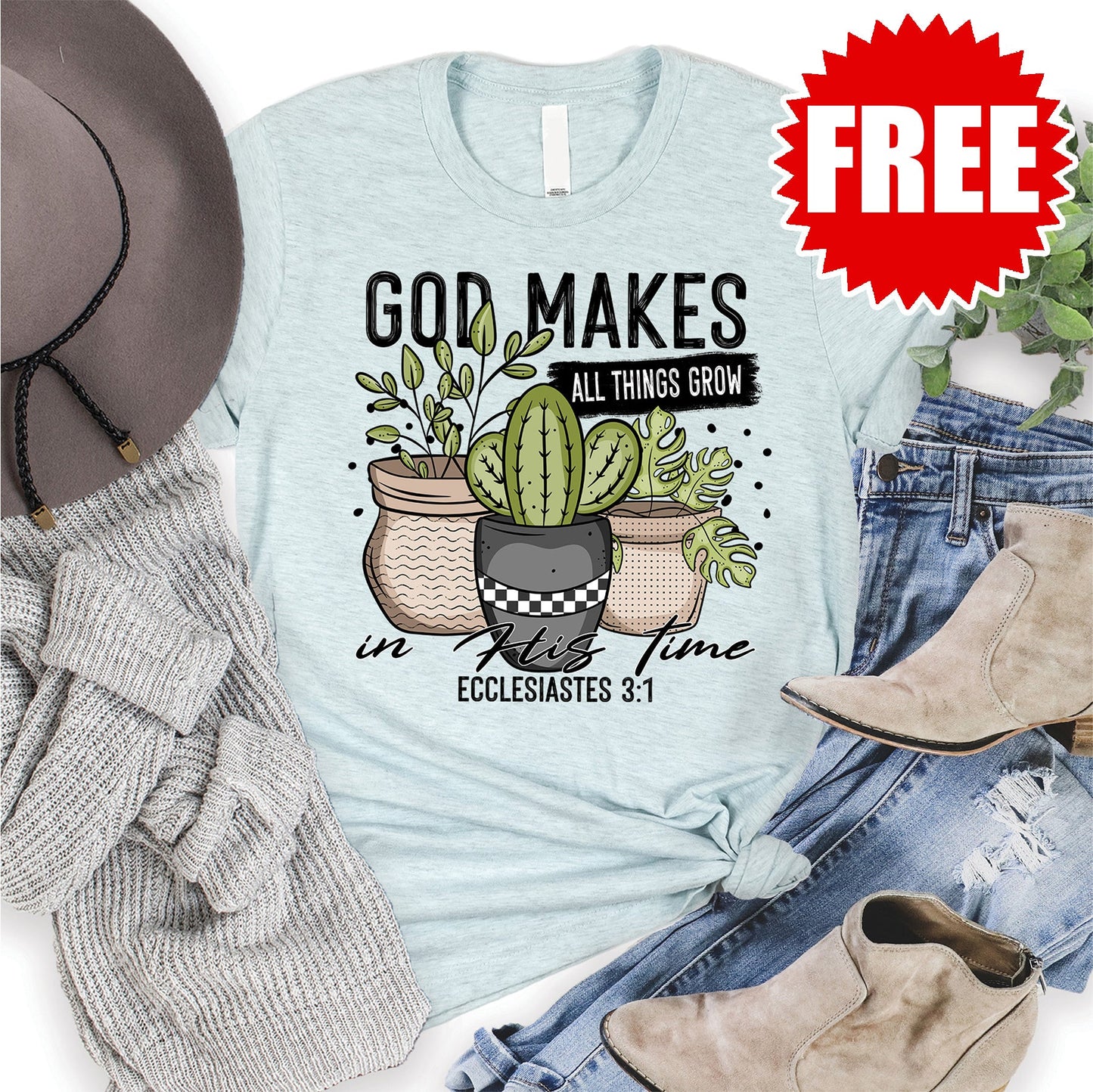 God Makes All Things Grow Tee - Heather Ice Blue - 0