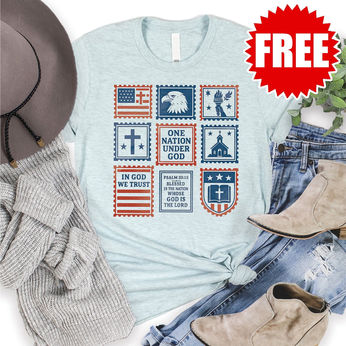 Patriotic Stamps Tee - Heather Ice Blue - 0
