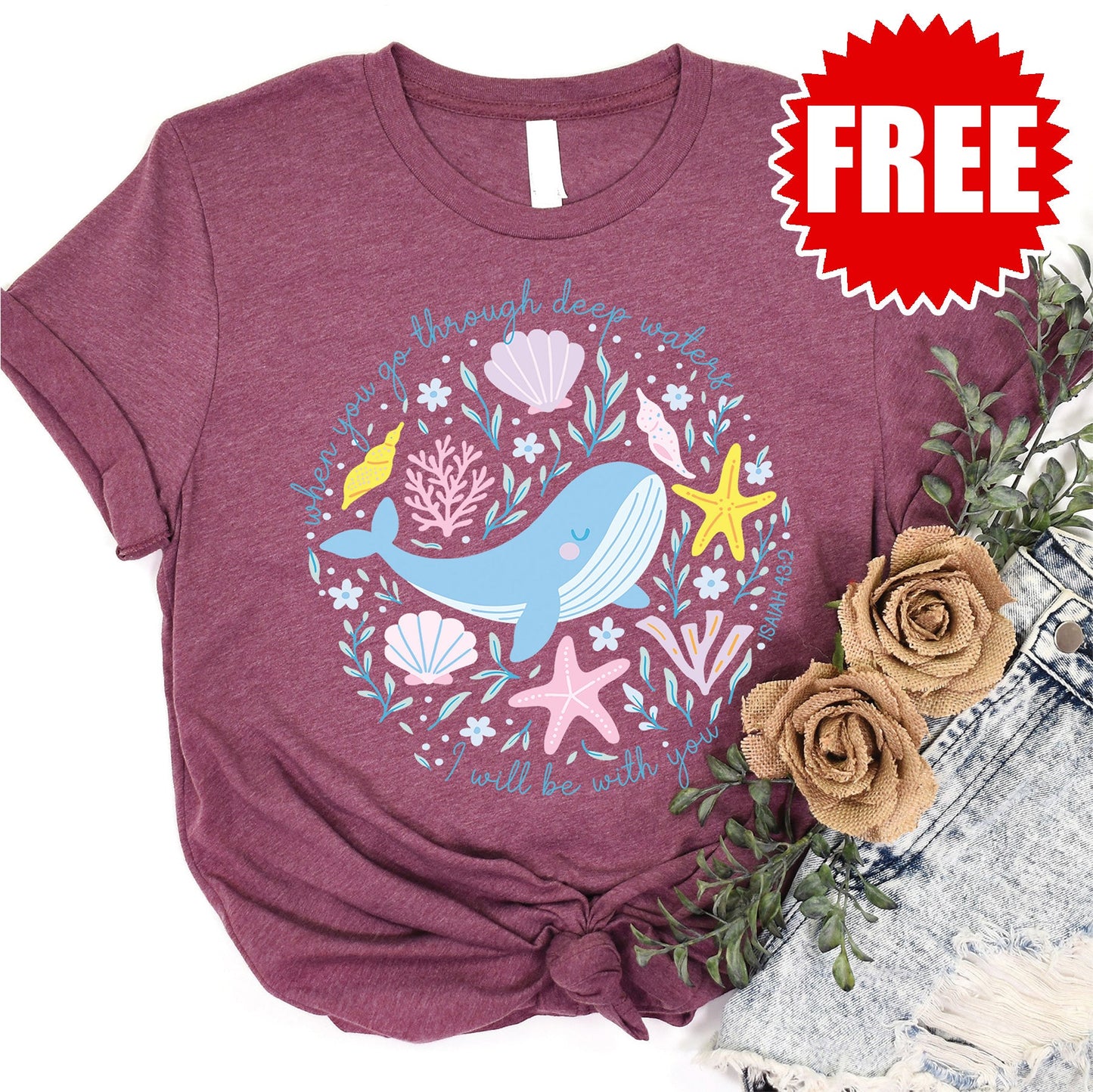 Deep Waters Whale Tee - Heather Black Cherry - 0