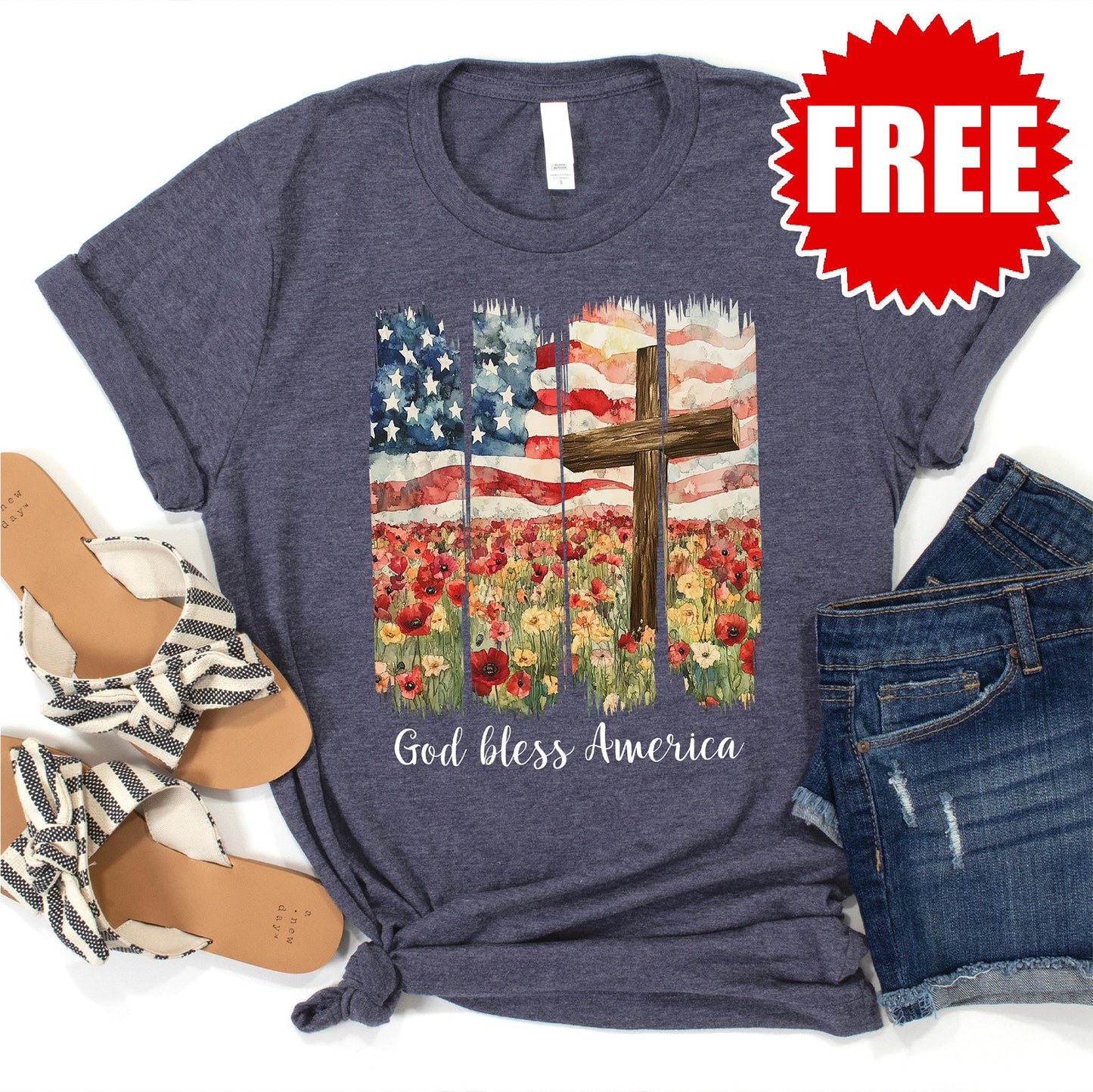 God Bless America Tee - Heather Blue Onyx - 0