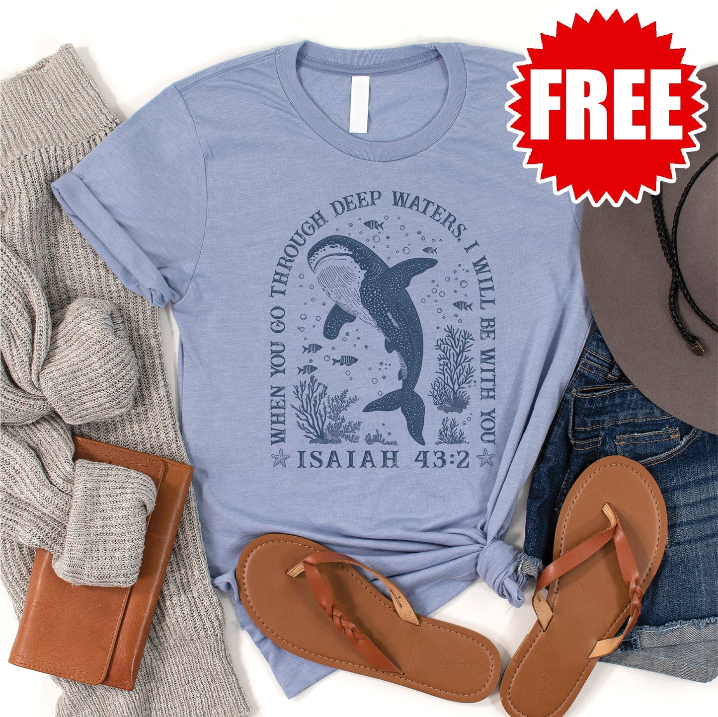 Deep Waters Whale Tee - Heather Ocean Air - 0