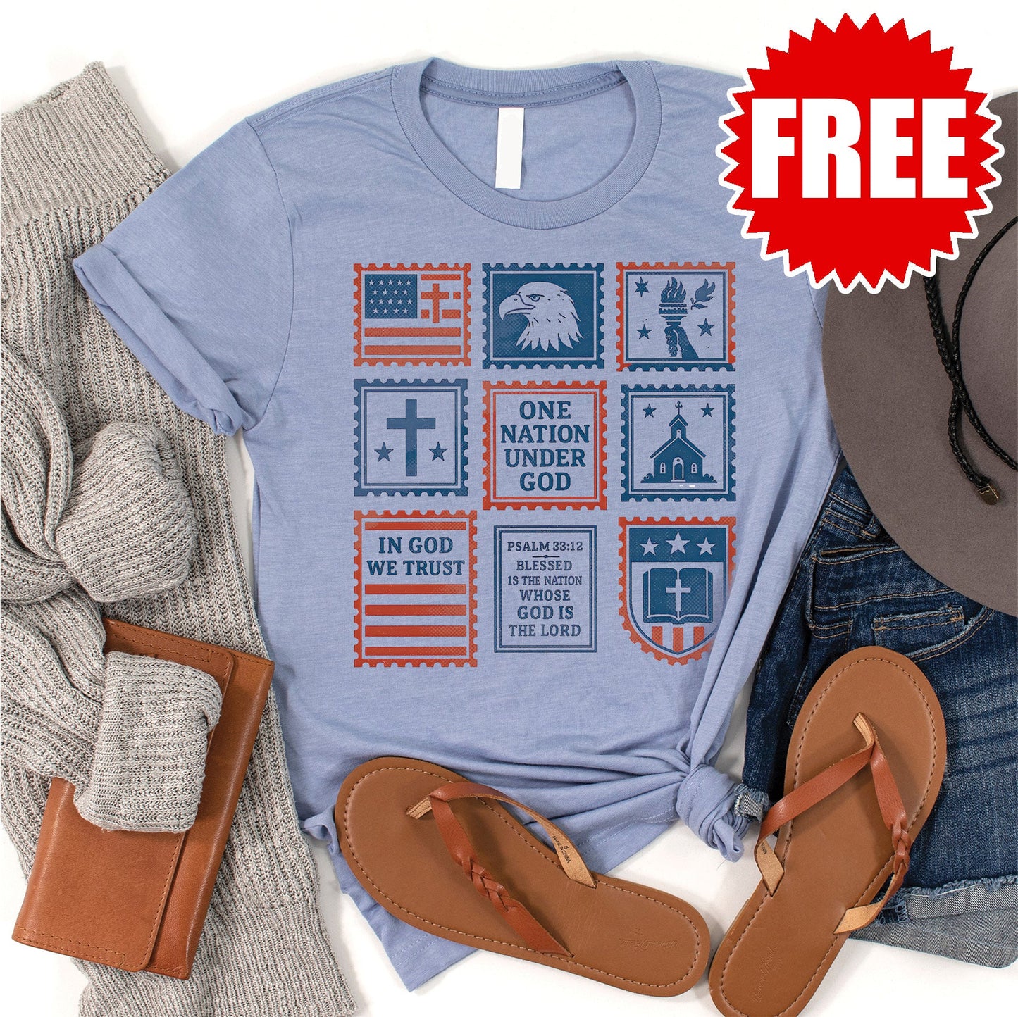 Patriotic Stamps Tee - Heather Blue - 0