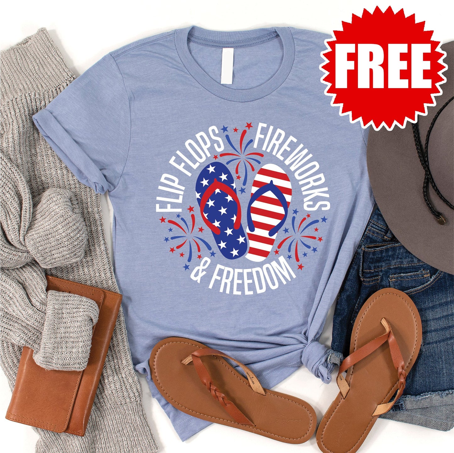 Flip Flops Fireworks Freedom Tee - Heather Blue - 0