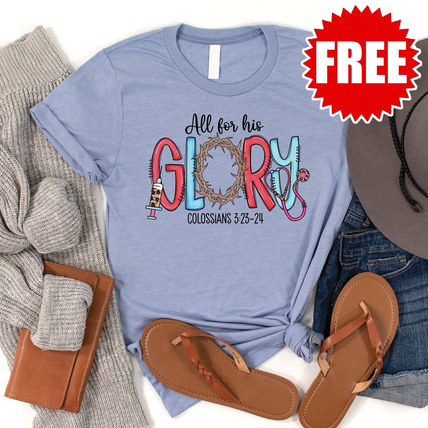 All For His Glory Tee - Heather Blue - FREE