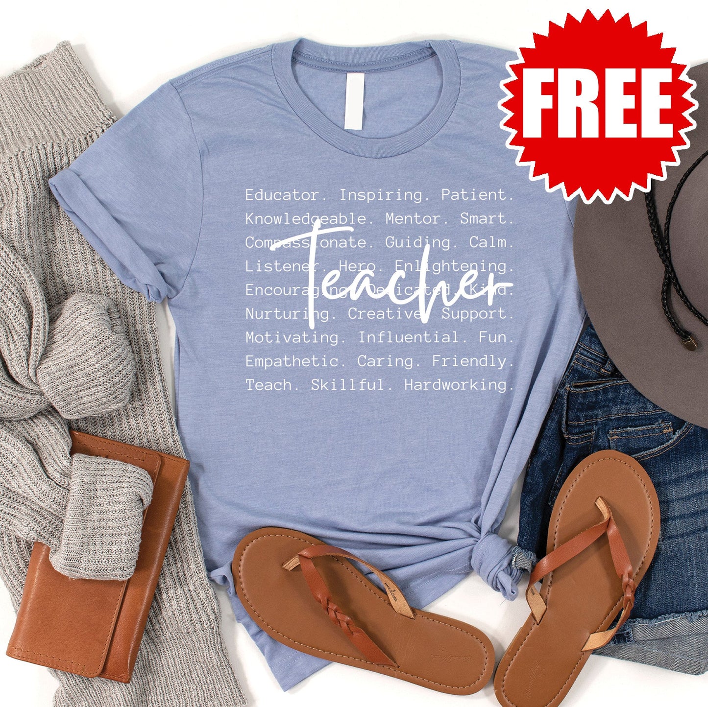 Teacher White Tee - Heather Blue - FREE