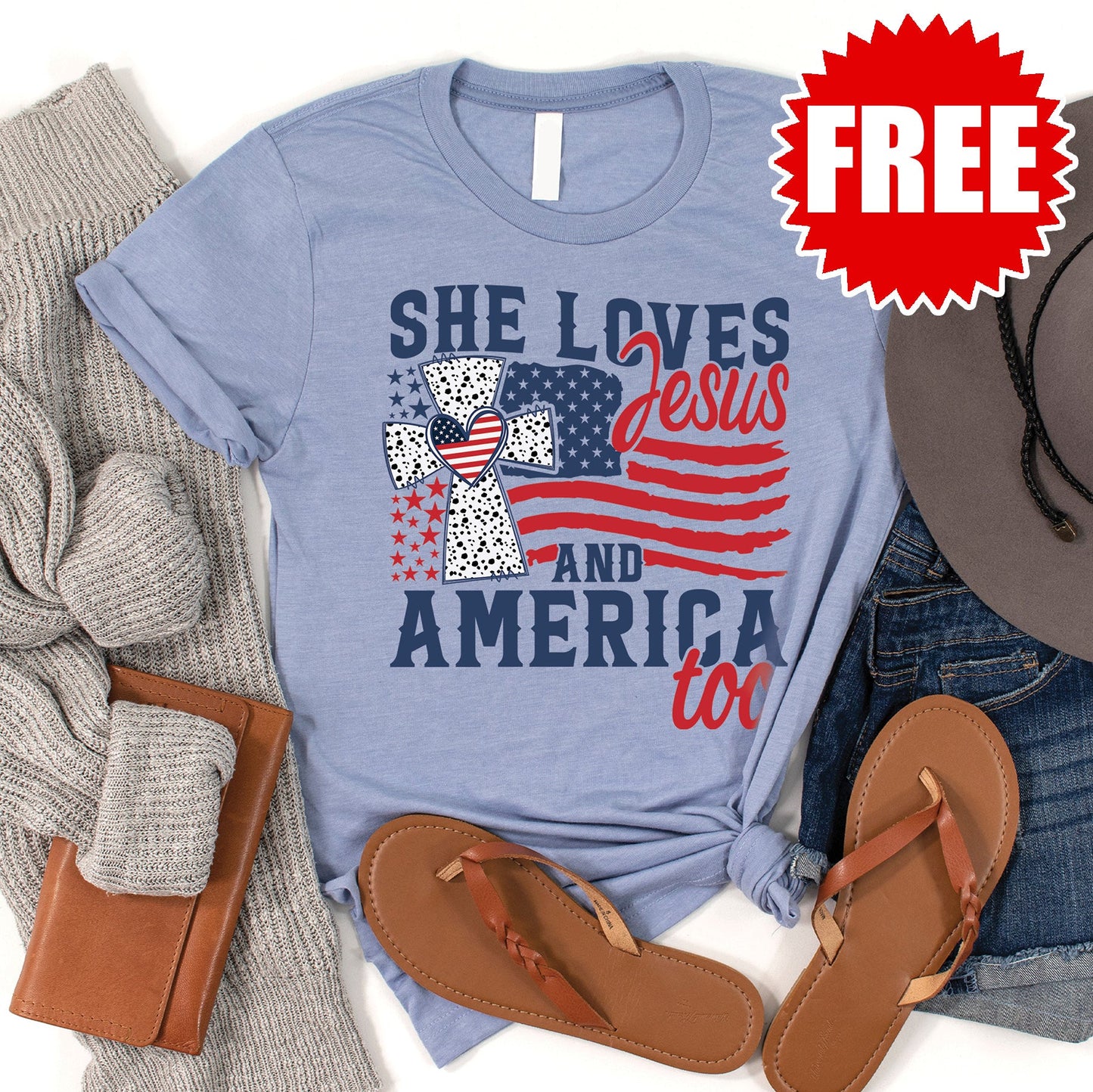 She Loves Jesus And America Tee - Heather Blue - 0