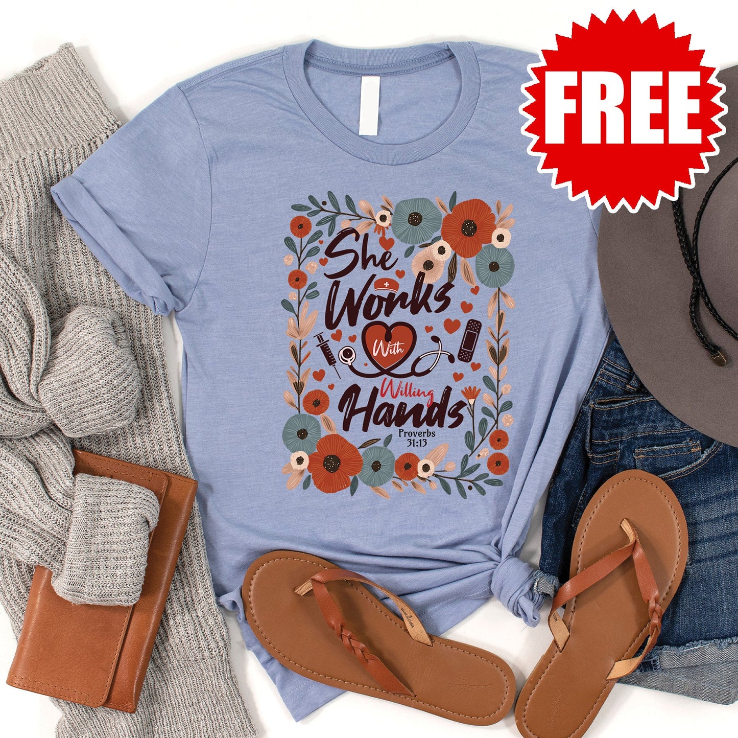 She Works Tee - Heather Blue - FREE