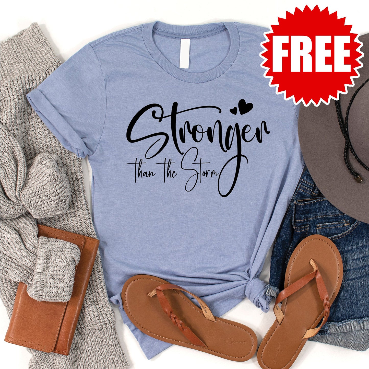 Stronger Than The Storm Tee - Heather Blue - FREE